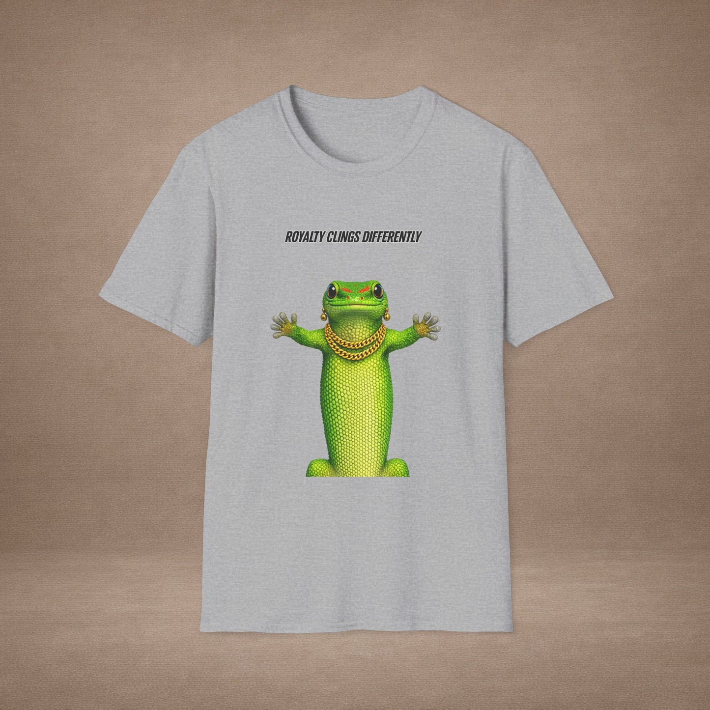 DESIGN #2-1 Royalty Clings Differently — Day Gecko Tee - (Black Letters)