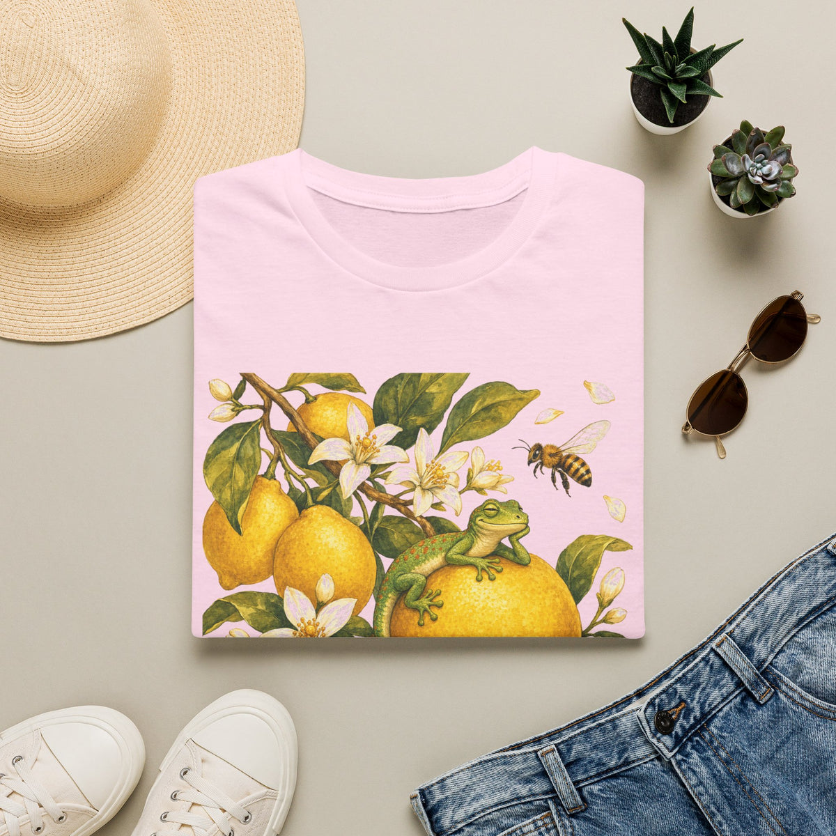 Citrus Grove Gecko cottagecore watercolor T-shirt from Gold Gecko Co. — gecko in a sunlit Mediterranean citrus grove of lemons and oranges.