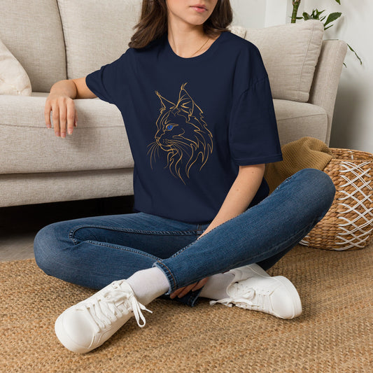 Sapphire Maine Coon single-line art with sapphire blue gem eye — Gold Gecko Co. Line & Gold collection (Dark)