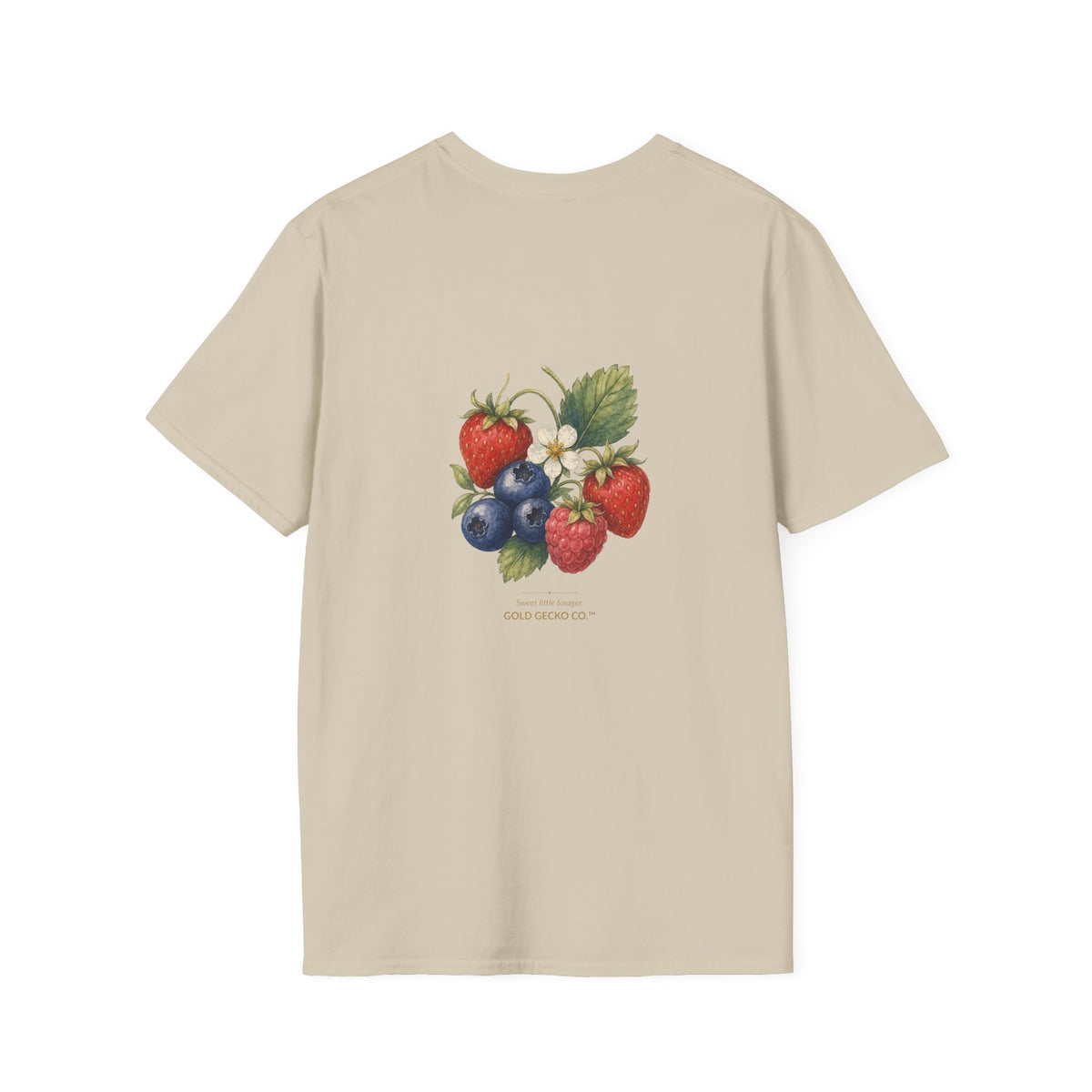 Berry Basket Buddy cottagecore watercolor T-shirt from Gold Gecko Co. — gecko nestled in a woven basket of wild strawberries and blueberries.