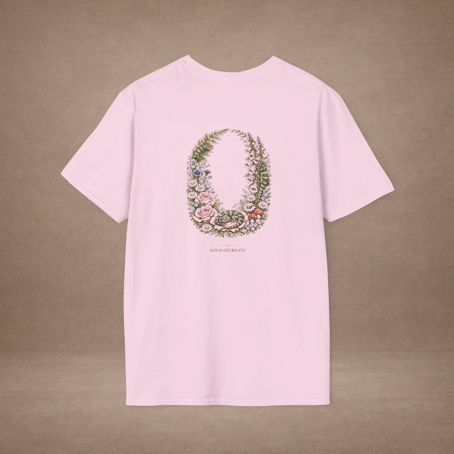 Garden Gecko T-Shirt · Botanical Wreath Back — Gold Gecko Co.