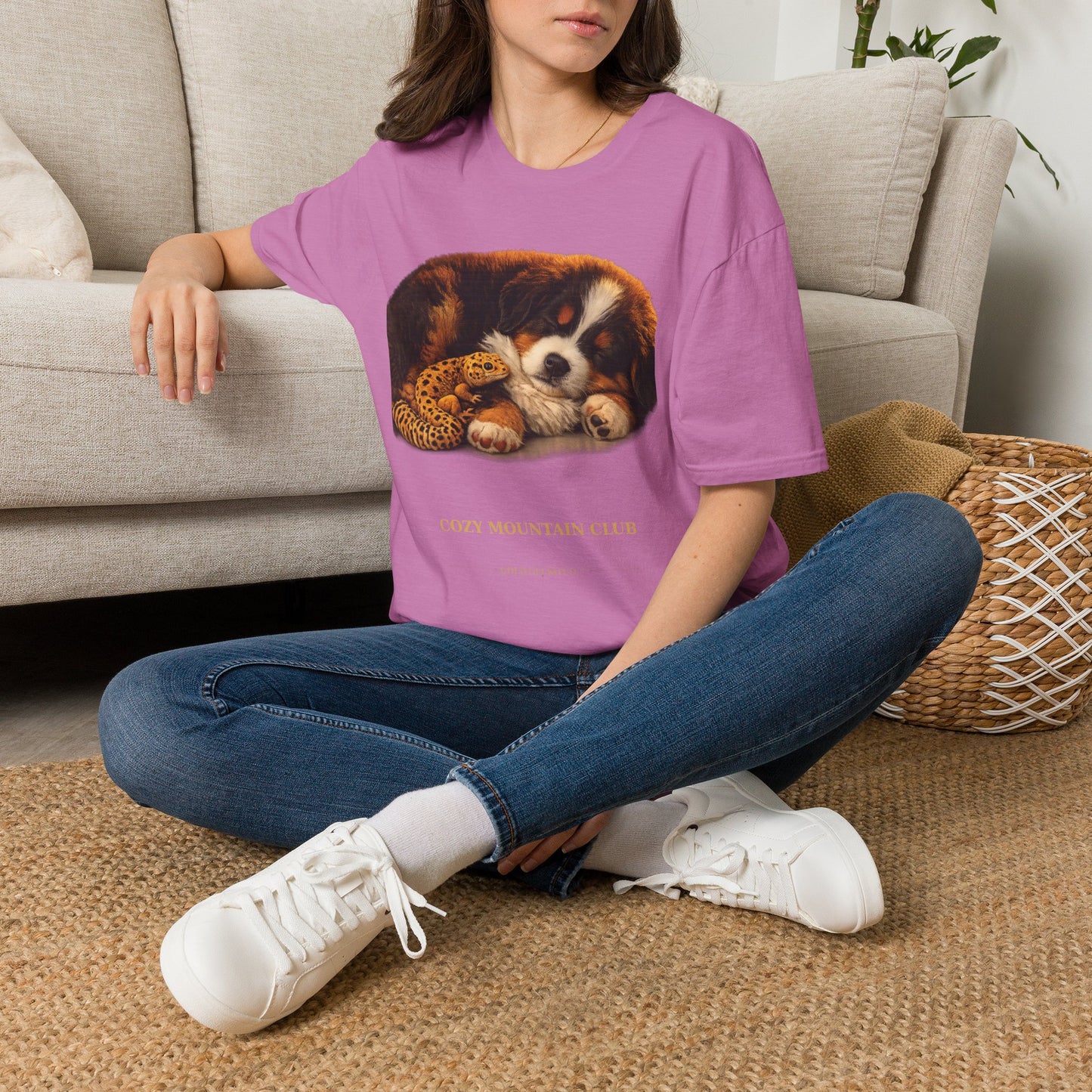 Bernese Mountain Dog — Cozy Mountain Club — cinematic photoreal portraits of beloved dog breeds paired w. Gold Gecko Co. Puppies & Geckos collection.