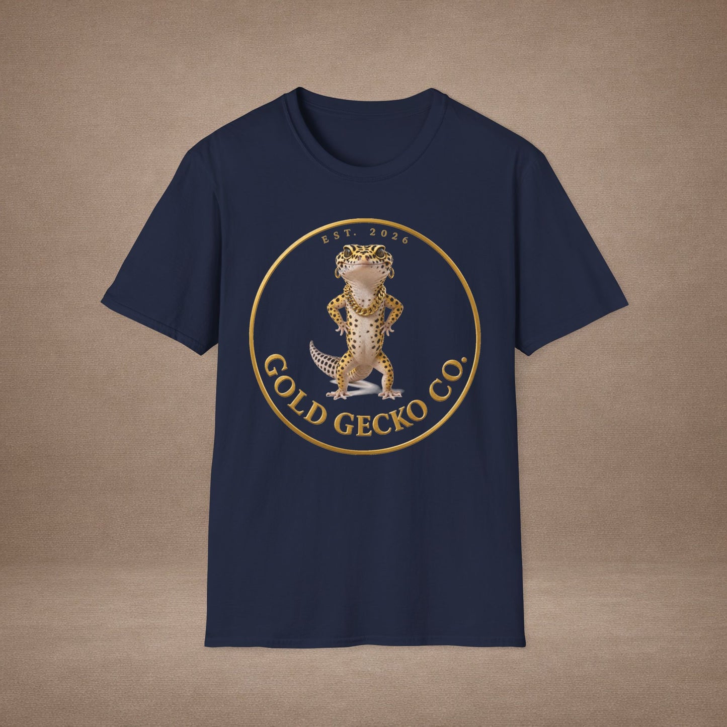 Design # 001  Gold Gecko Co. tm - Signature Logo Tee — Emblem Graphic T-Shirt (Front @ Back)