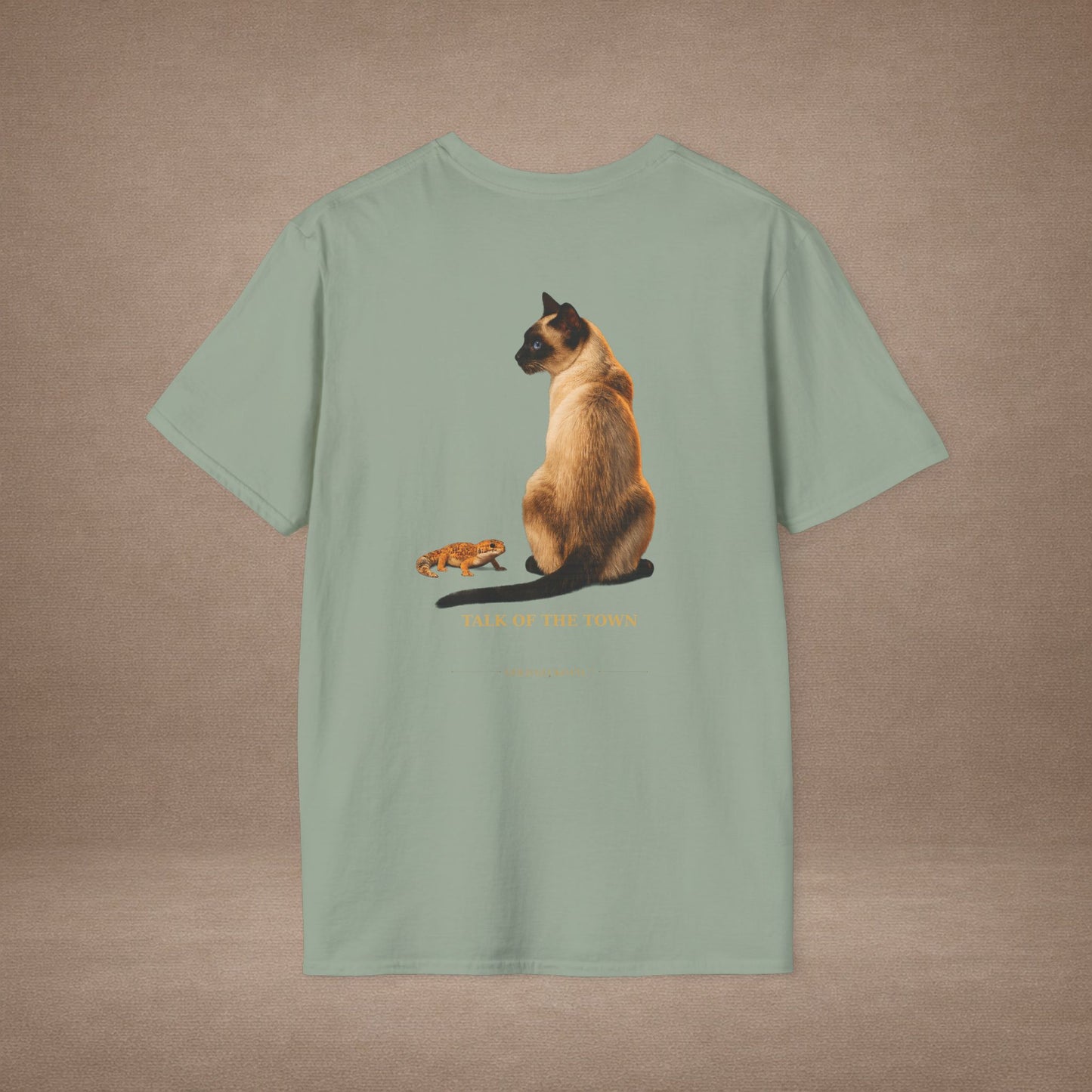 Siamese — Talk Of The Town — photoreal cat breed portraits paired with tiny gecko compani. Gold Gecko Co. Cats & Geckos collection.