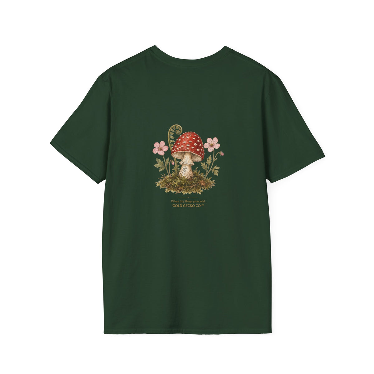 Mushroom Village cottagecore watercolor T-shirt from Gold Gecko Co. — gecko exploring a whimsical toadstool village in the woods.