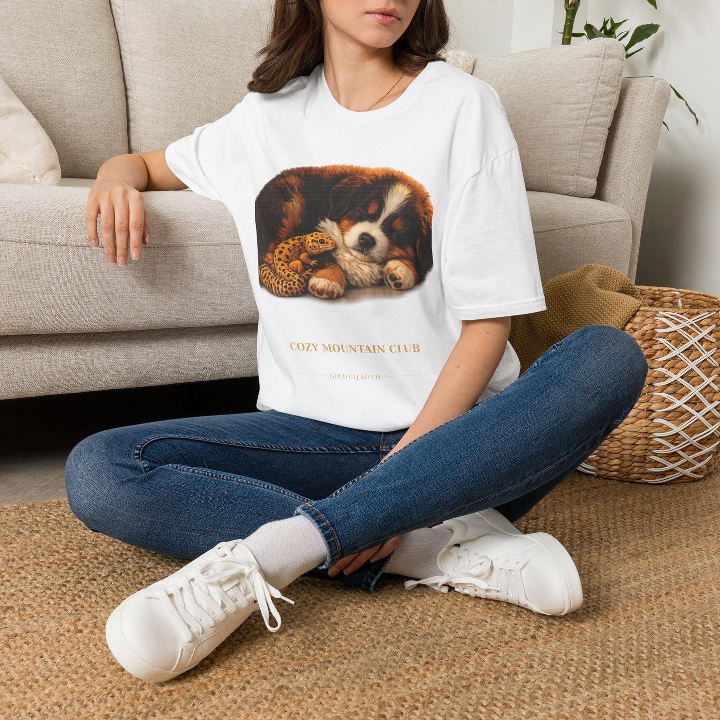 Bernese Mountain Dog — Cozy Mountain Club — cinematic photoreal portraits of beloved dog breeds paired w. Gold Gecko Co. Puppies & Geckos collection.