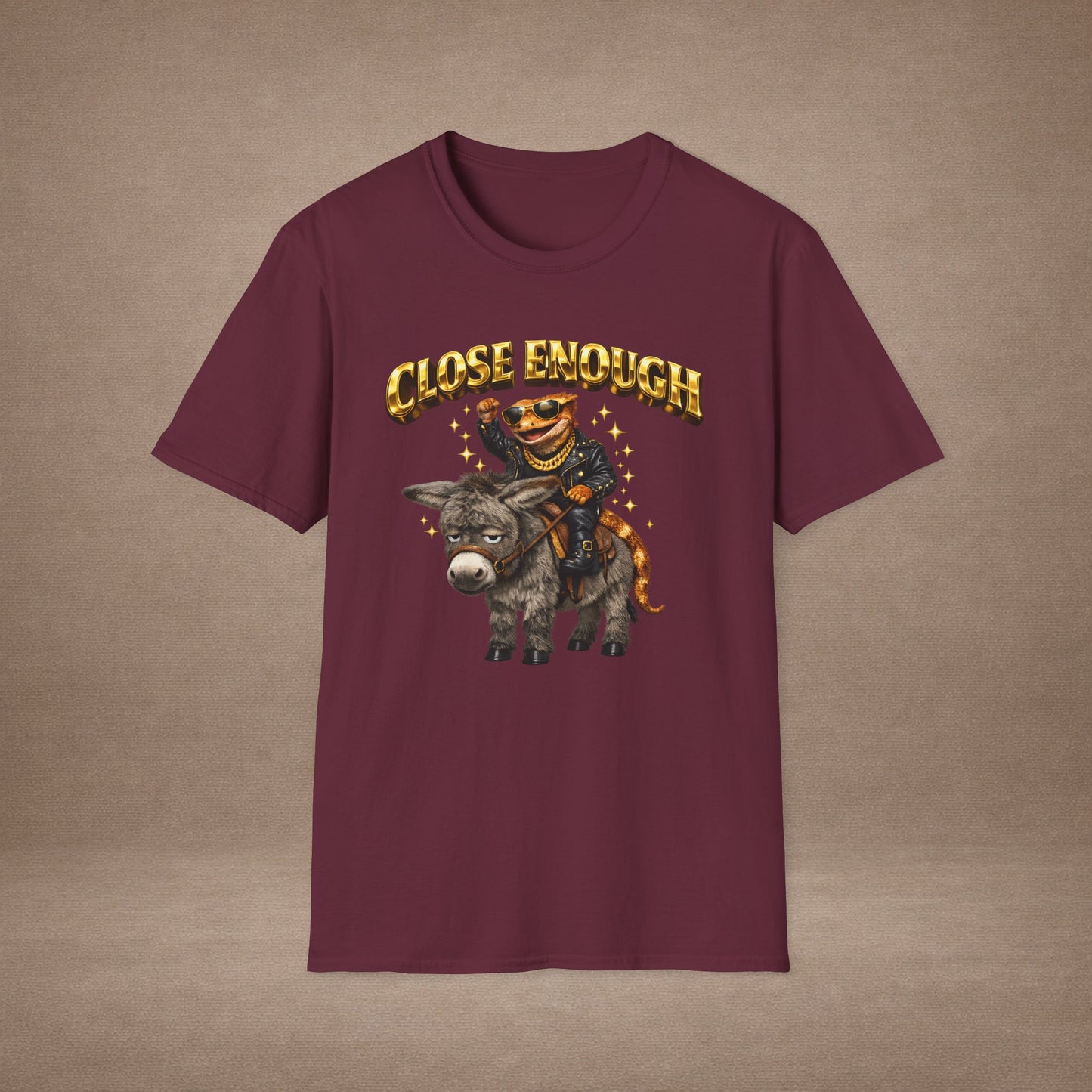 DESIGN #04-1 Close Enough — Donkey Gecko Tee (Front & Back) (Gold Letters)
