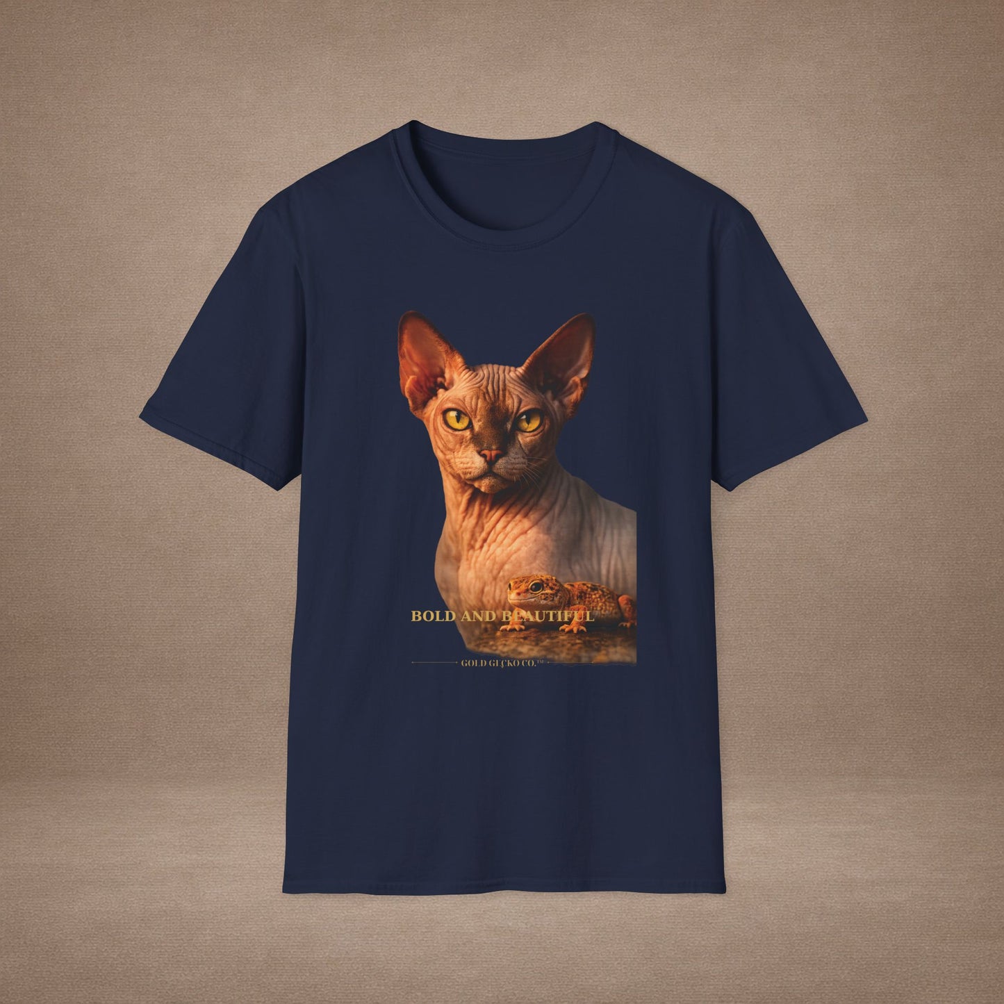 Sphynx — Bold And Beautiful — photoreal cat breed portraits paired with tiny gecko compani. Gold Gecko Co. Cats & Geckos collection.