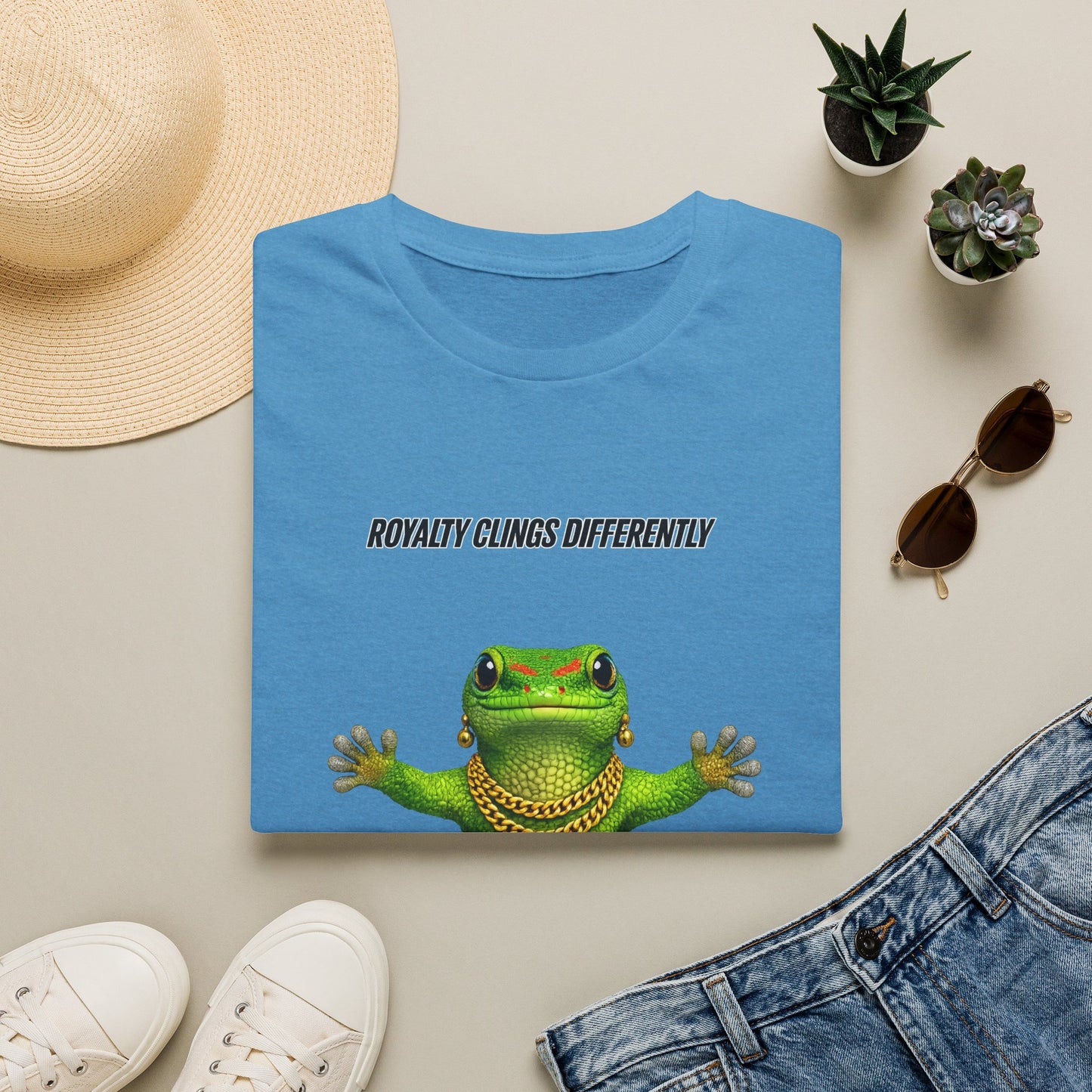 DESIGN #2-1 Royalty Clings Differently — Day Gecko Tee - (Black Letters)