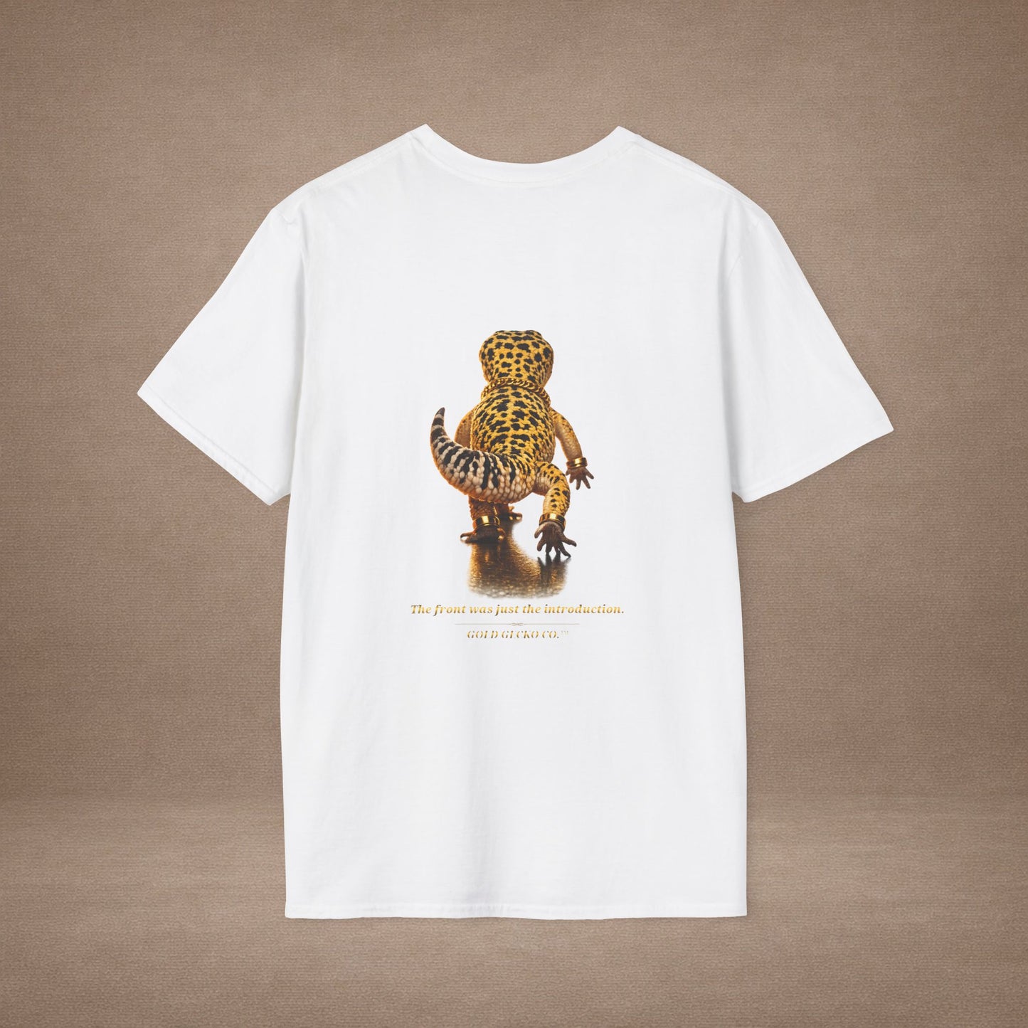 Design # 001  Gold Gecko Co. tm - Signature Logo Tee — Emblem Graphic T-Shirt (Front @ Back)