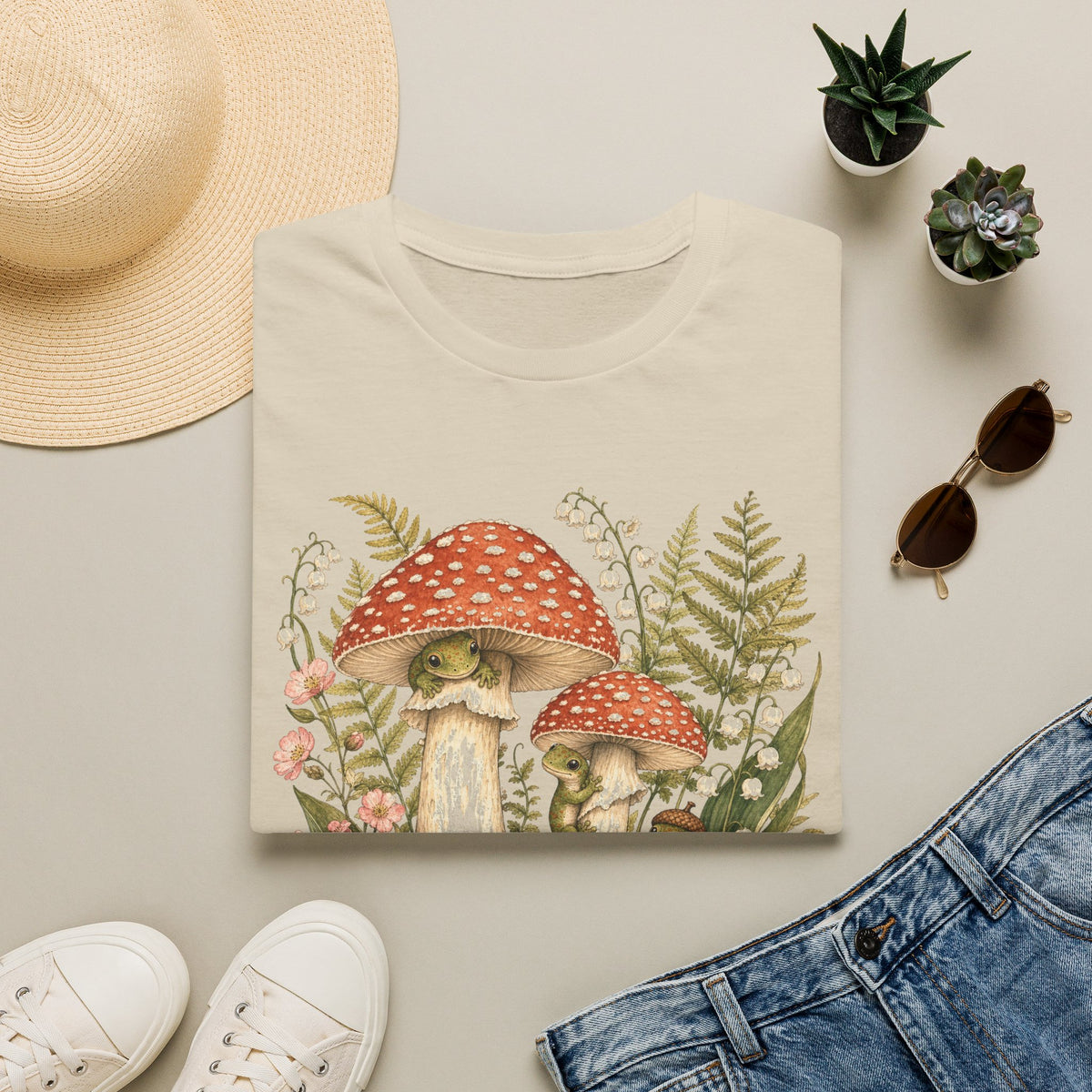 Mushroom Village cottagecore watercolor T-shirt from Gold Gecko Co. — gecko exploring a whimsical toadstool village in the woods.
