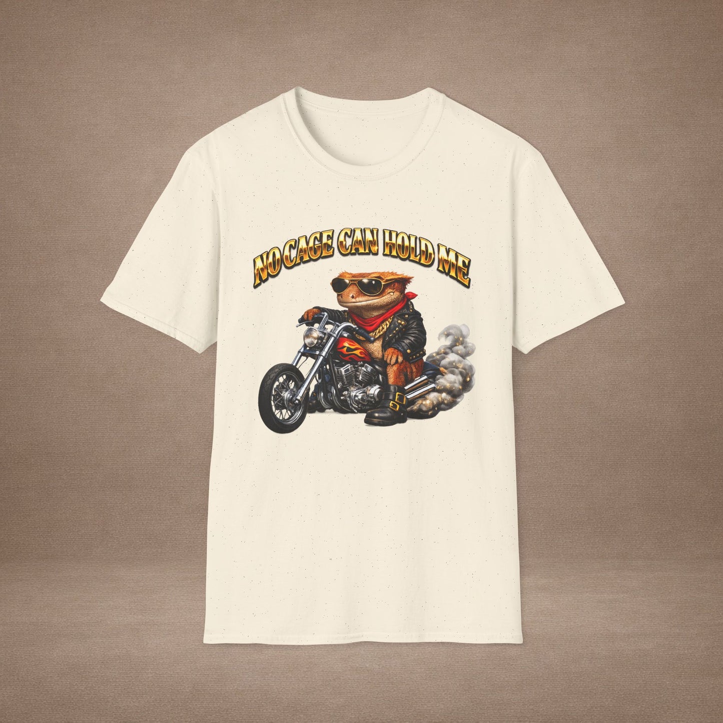 DESIGN #37 No Cage Can Hold Me — Chopper Gecko Tee (Front & Back) Gold Lettering