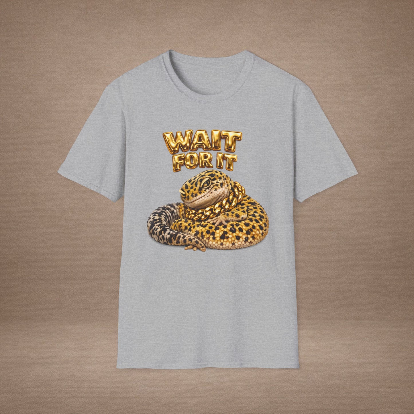 DESIGN #06-1 - Wait For It -  Side-Eye Leopard Gecko Tee (Front & Back)- Gold Letters