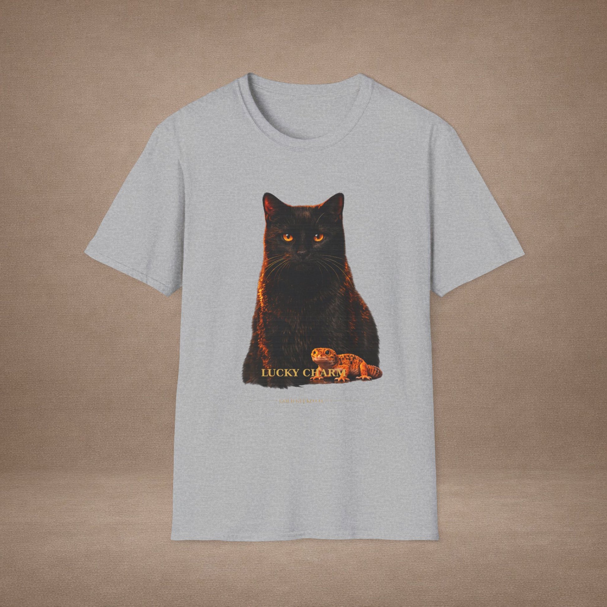 Black Cat — Lucky Charm — photoreal cat breed portraits paired with tiny gecko compani. Gold Gecko Co. Cats & Geckos collection.