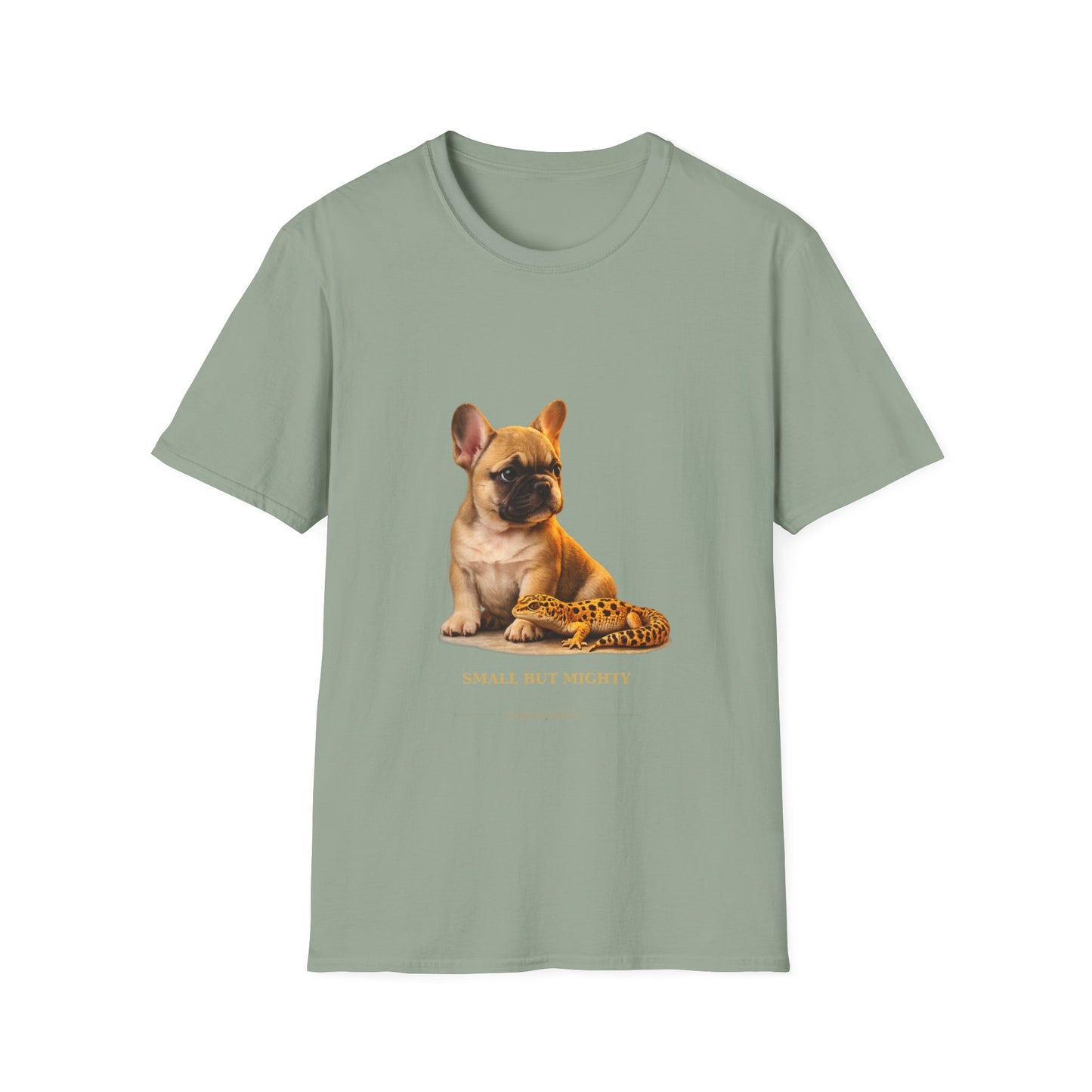 French Bulldog — Small But Mighty — cinematic photoreal portraits of beloved dog breeds paired w. Gold Gecko Co. Puppies & Geckos collection.