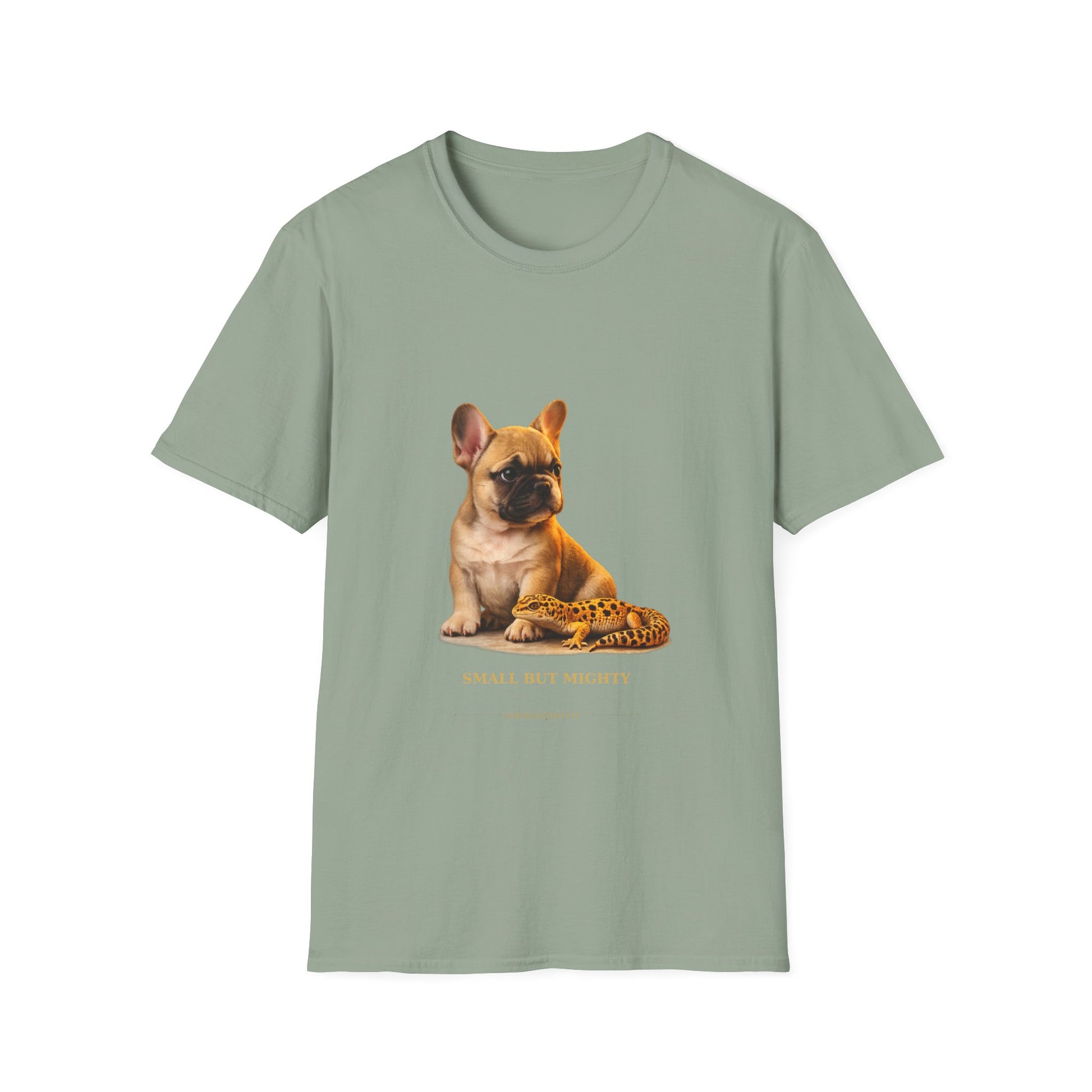 French Bulldog — Small But Mighty — cinematic photoreal portraits of beloved dog breeds paired w. Gold Gecko Co. Puppies & Geckos collection.