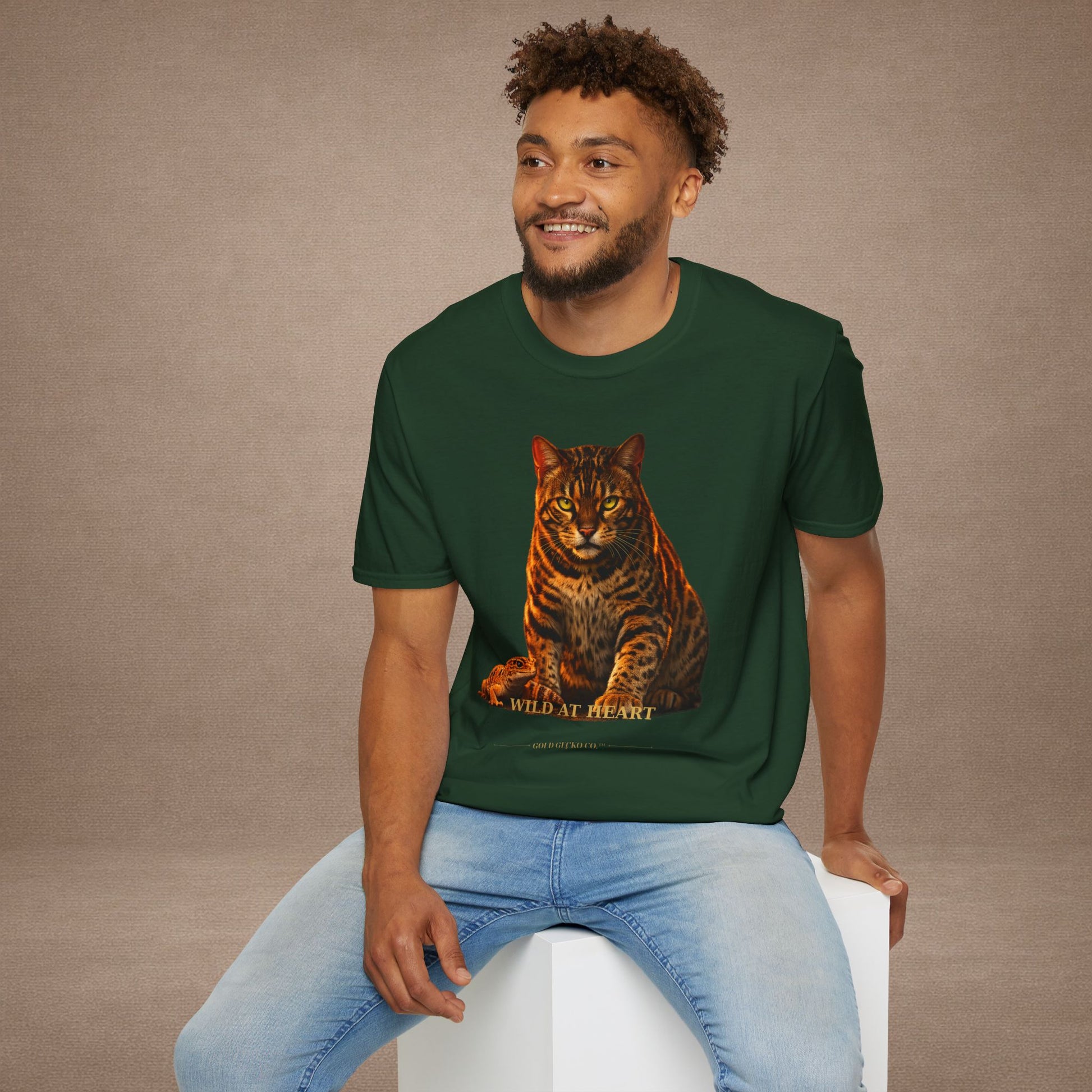 Bengal — Wild At Heart — photoreal cat breed portraits paired with tiny gecko compani. Gold Gecko Co. Cats & Geckos collection.