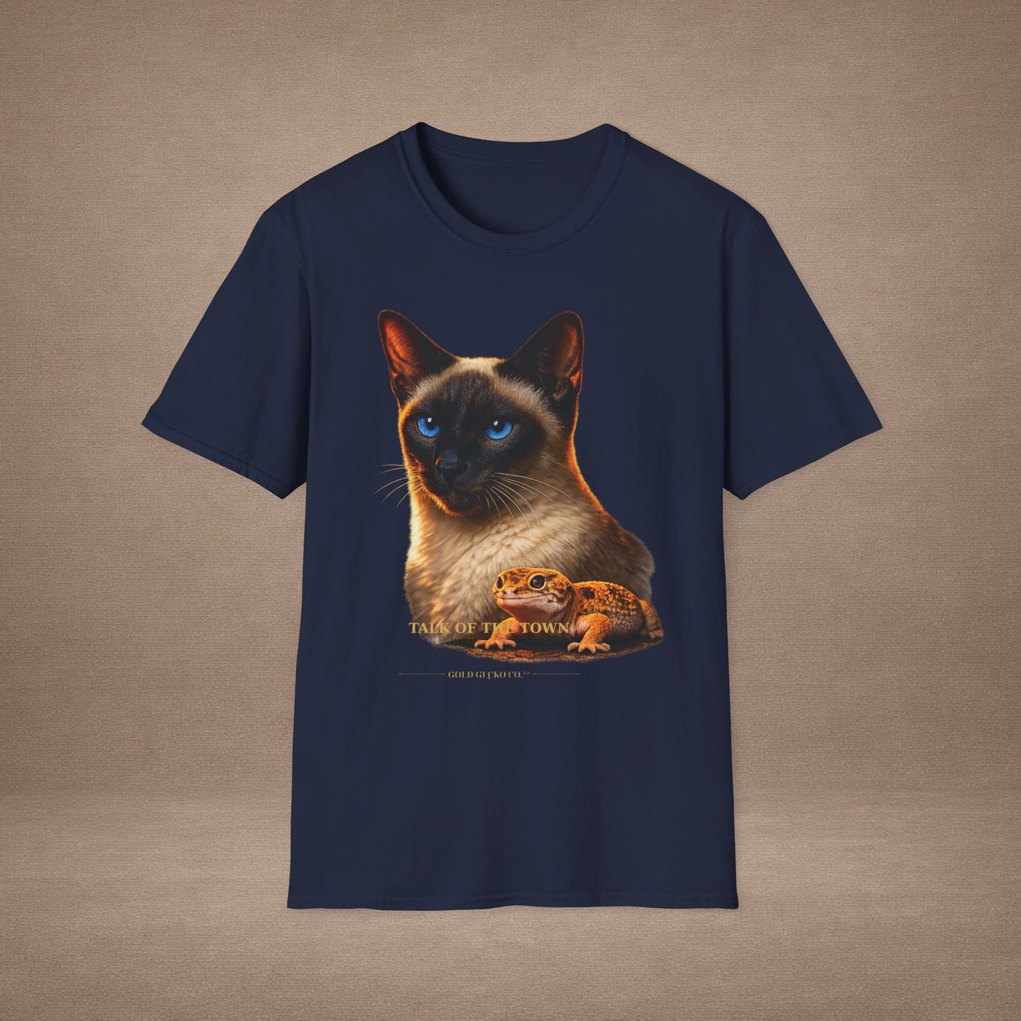 Siamese — Talk Of The Town — photoreal cat breed portraits paired with tiny gecko compani. Gold Gecko Co. Cats & Geckos collection.