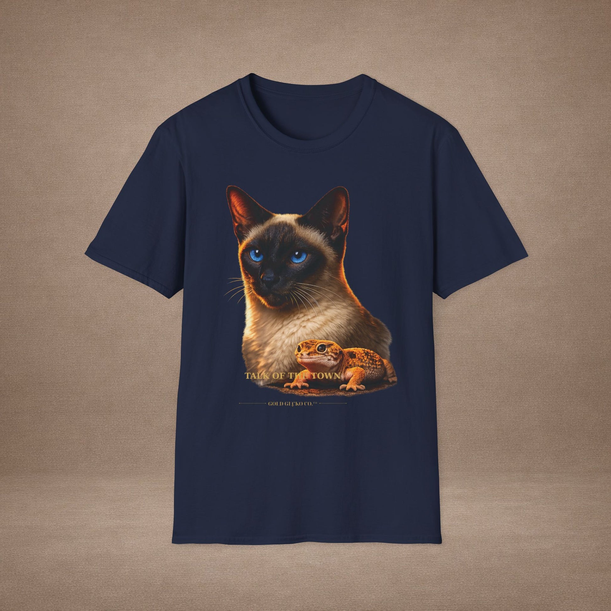 Siamese — Talk Of The Town — photoreal cat breed portraits paired with tiny gecko compani. Gold Gecko Co. Cats & Geckos collection.
