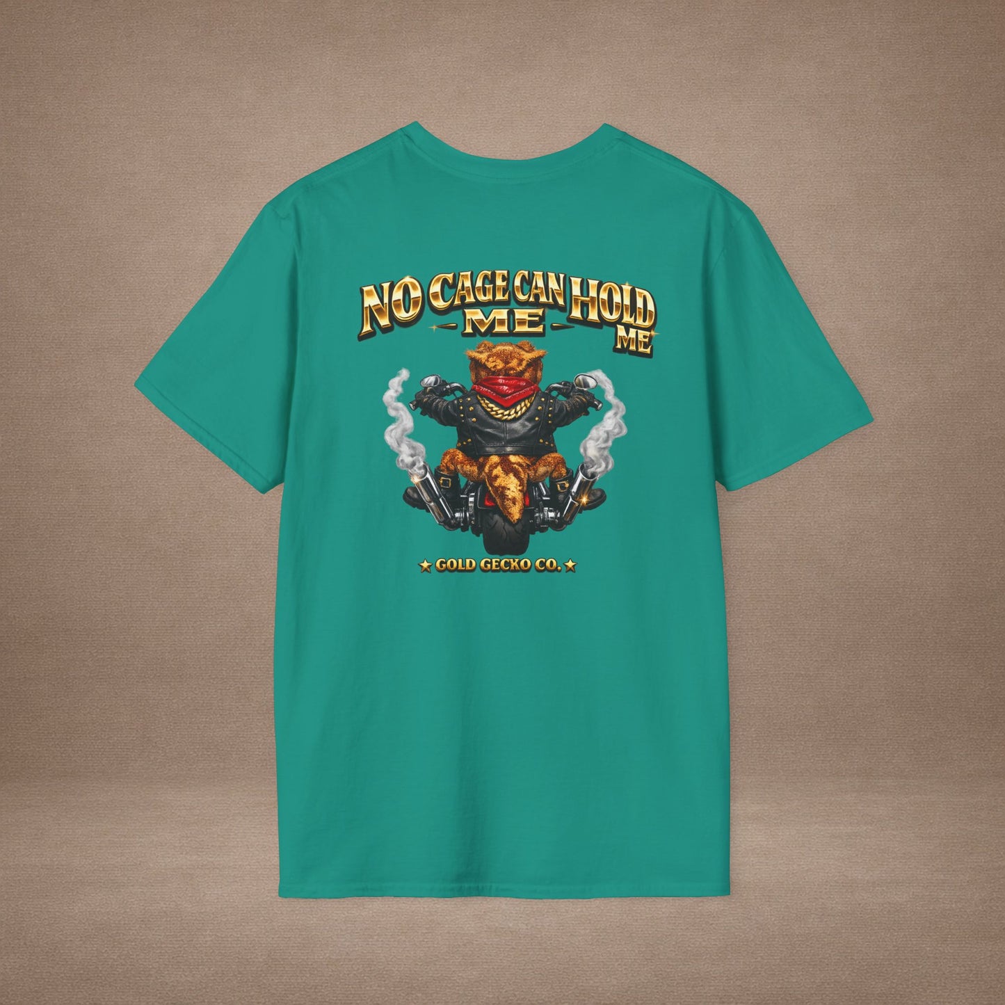 DESIGN #37 No Cage Can Hold Me — Chopper Gecko Tee (Front & Back) Gold Lettering