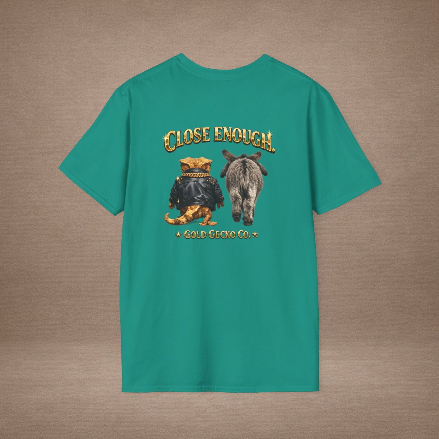 DESIGN #04-1 Close Enough — Donkey Gecko Tee (Front & Back) (Gold Letters)