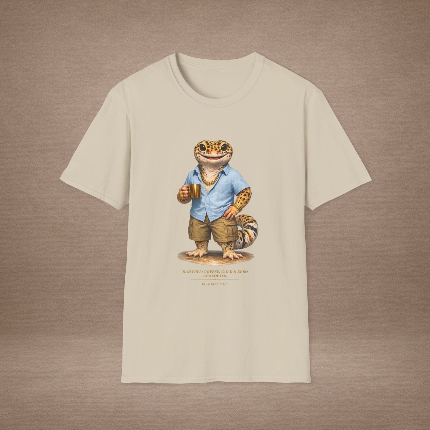 Design #03-2-2 - Coffee Dad (Leopard - Powder Blue Shirt, Gold Mug, Grass)