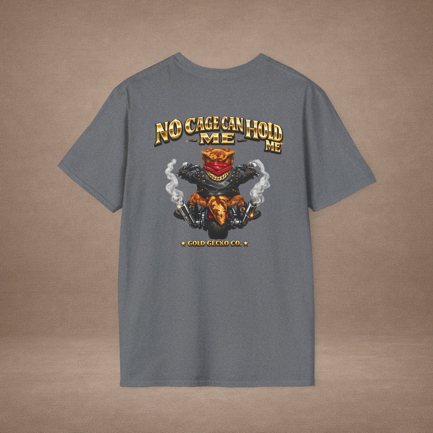 DESIGN #37 No Cage Can Hold Me — Chopper Gecko Tee (Front & Back) Gold Lettering