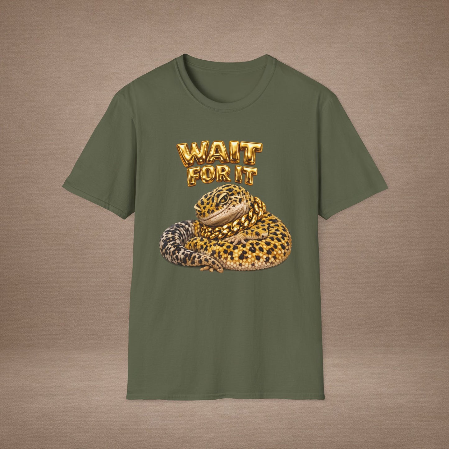DESIGN #21-1 Wait For It... Lounging Leopard Gecko Tee (Front & Back) Gold Lettering