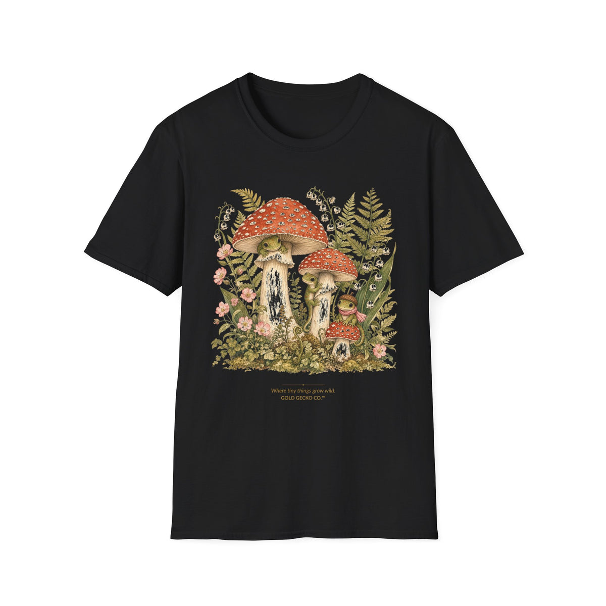 Mushroom Village cottagecore watercolor T-shirt from Gold Gecko Co. — gecko exploring a whimsical toadstool village in the woods.
