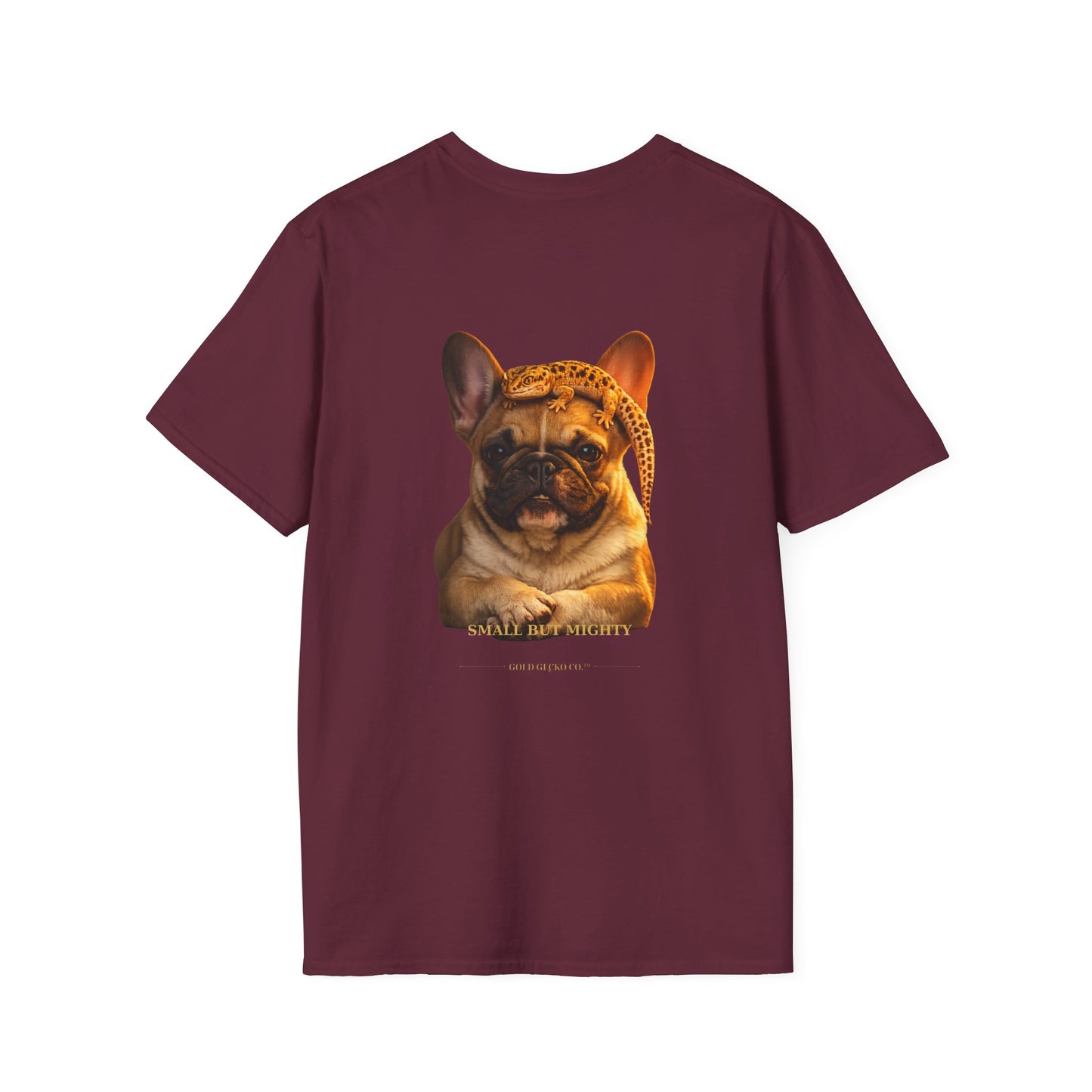 French Bulldog — Small But Mighty — cinematic photoreal portraits of beloved dog breeds paired w. Gold Gecko Co. Puppies & Geckos collection.