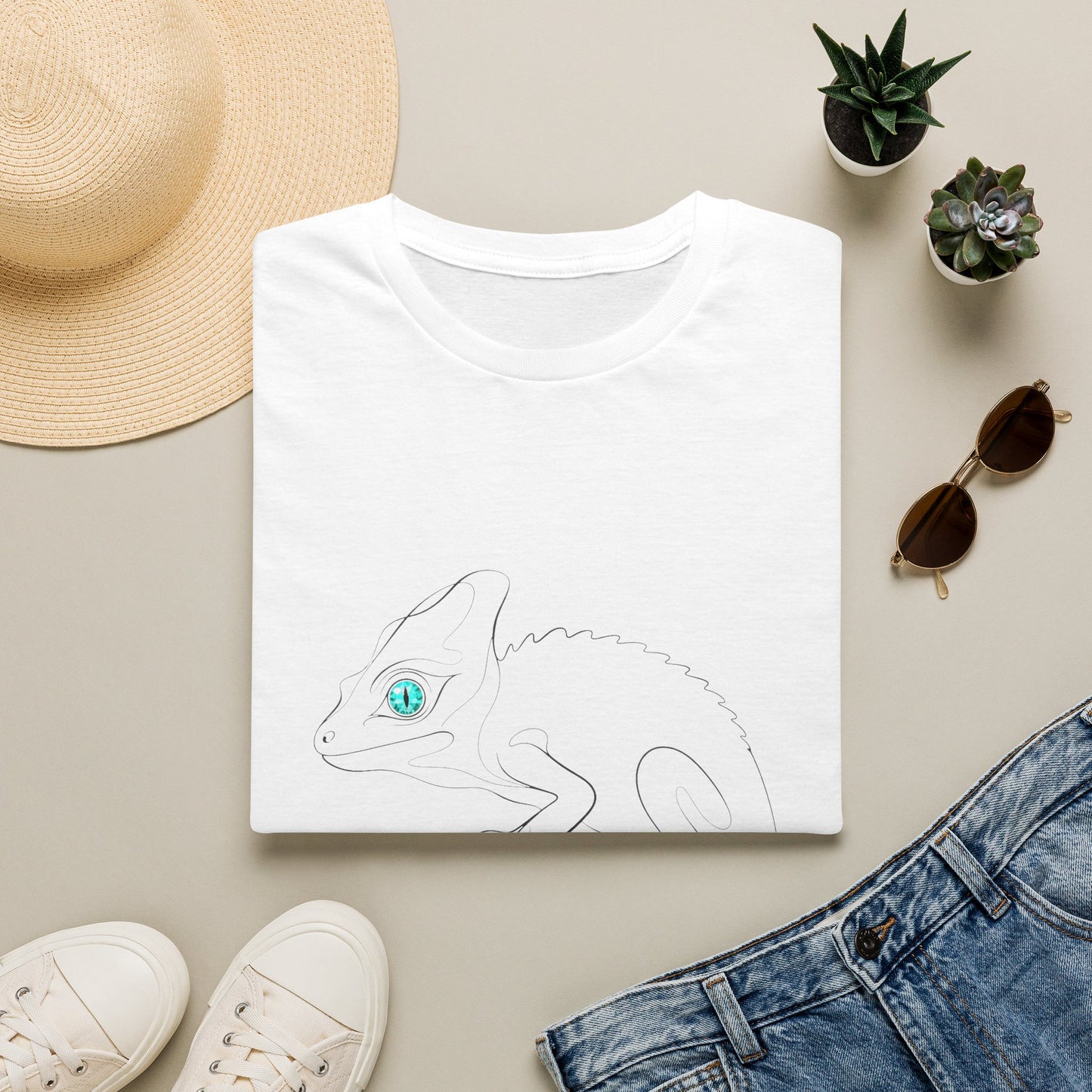 Turquoise Chameleon single-line art with turquoise gem eye — Gold Gecko Co. Line & Gold collection (Light)