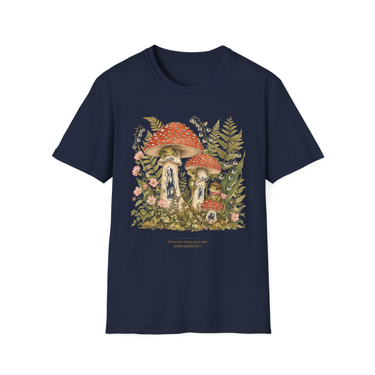 Mushroom Village cottagecore watercolor T-shirt from Gold Gecko Co. — gecko exploring a whimsical toadstool village in the woods.