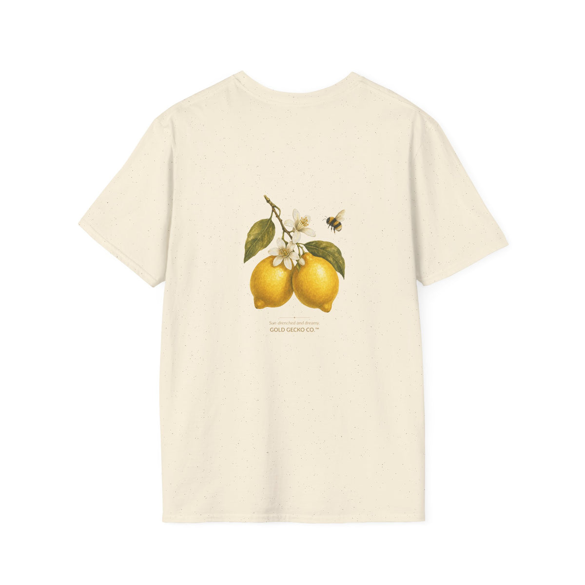 Citrus Grove Gecko cottagecore watercolor T-shirt from Gold Gecko Co. — gecko in a sunlit Mediterranean citrus grove of lemons and oranges.