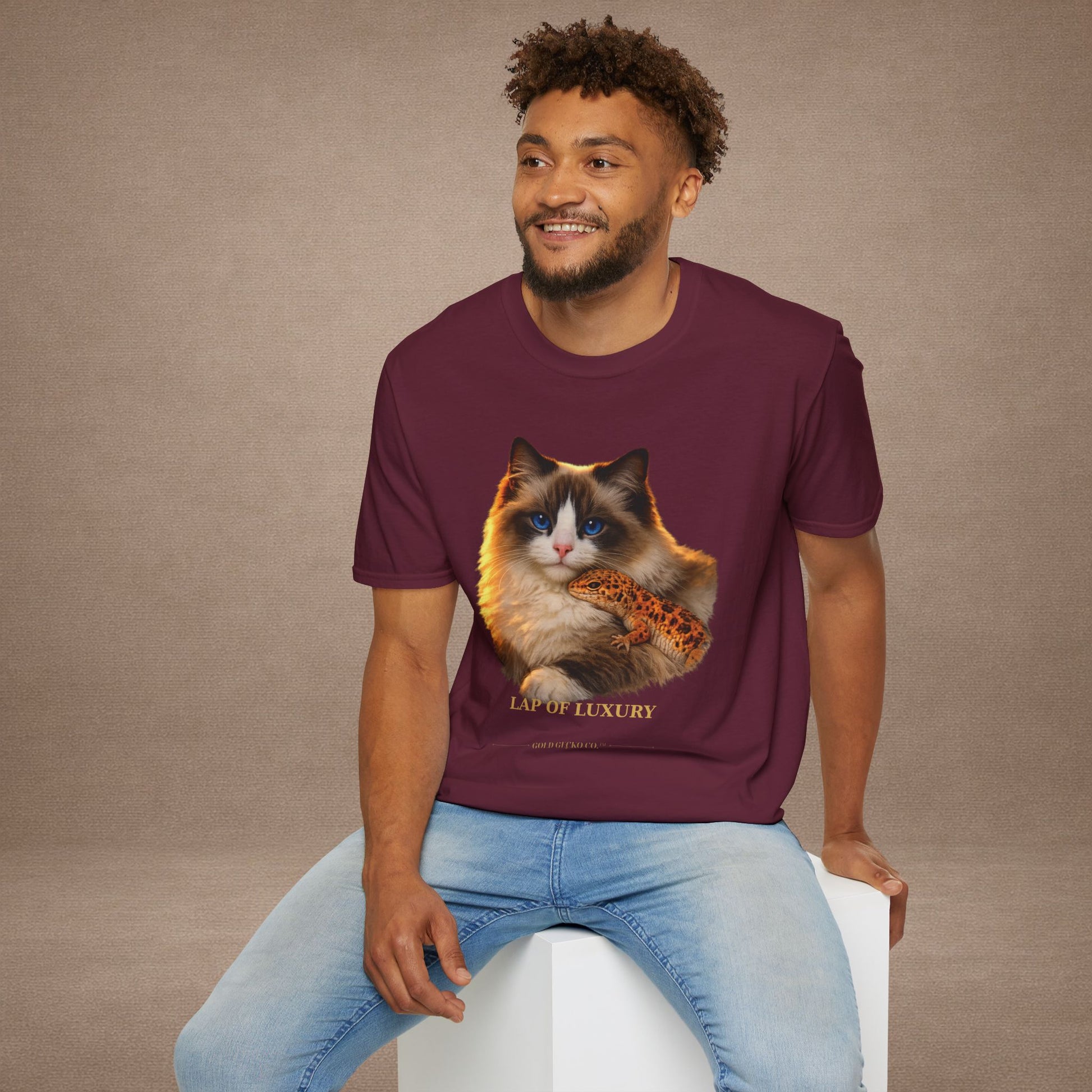 Ragdoll — Lap Of Luxury — photoreal cat breed portraits paired with tiny gecko compani. Gold Gecko Co. Cats & Geckos collection.