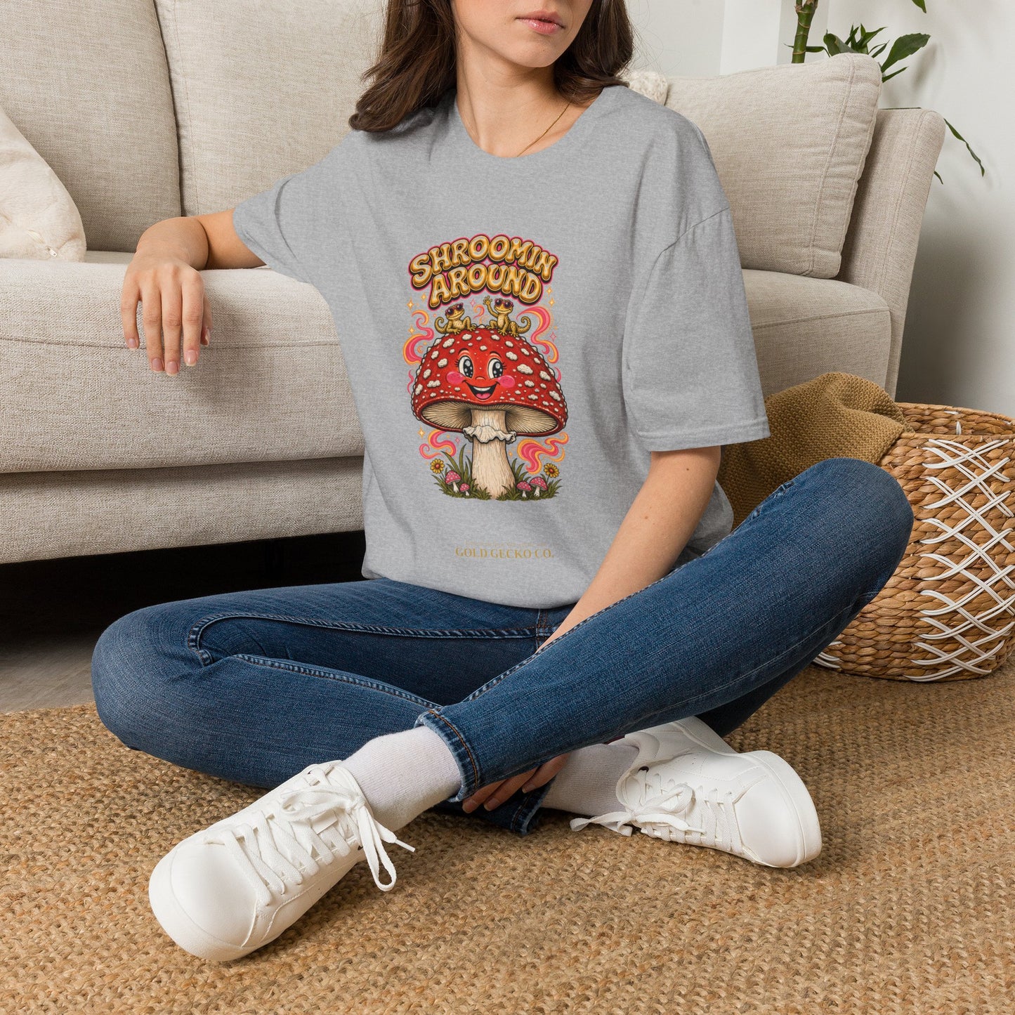 Shroomin' Around cottagecore mushroom & gecko t-shirt — Gold Gecko Co.