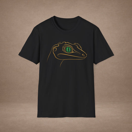 Emerald Gecko single-line art with emerald green gem eye — Gold Gecko Co. Line & Gold collection (Dark)