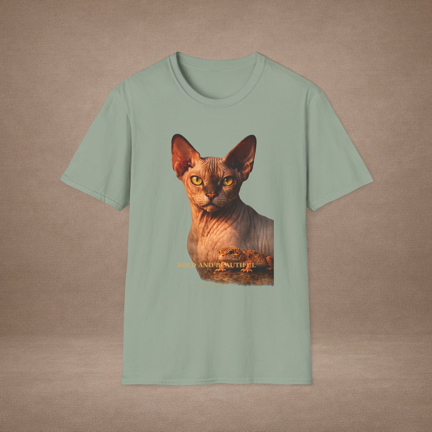 Sphynx — Bold And Beautiful — photoreal cat breed portraits paired with tiny gecko compani. Gold Gecko Co. Cats & Geckos collection.