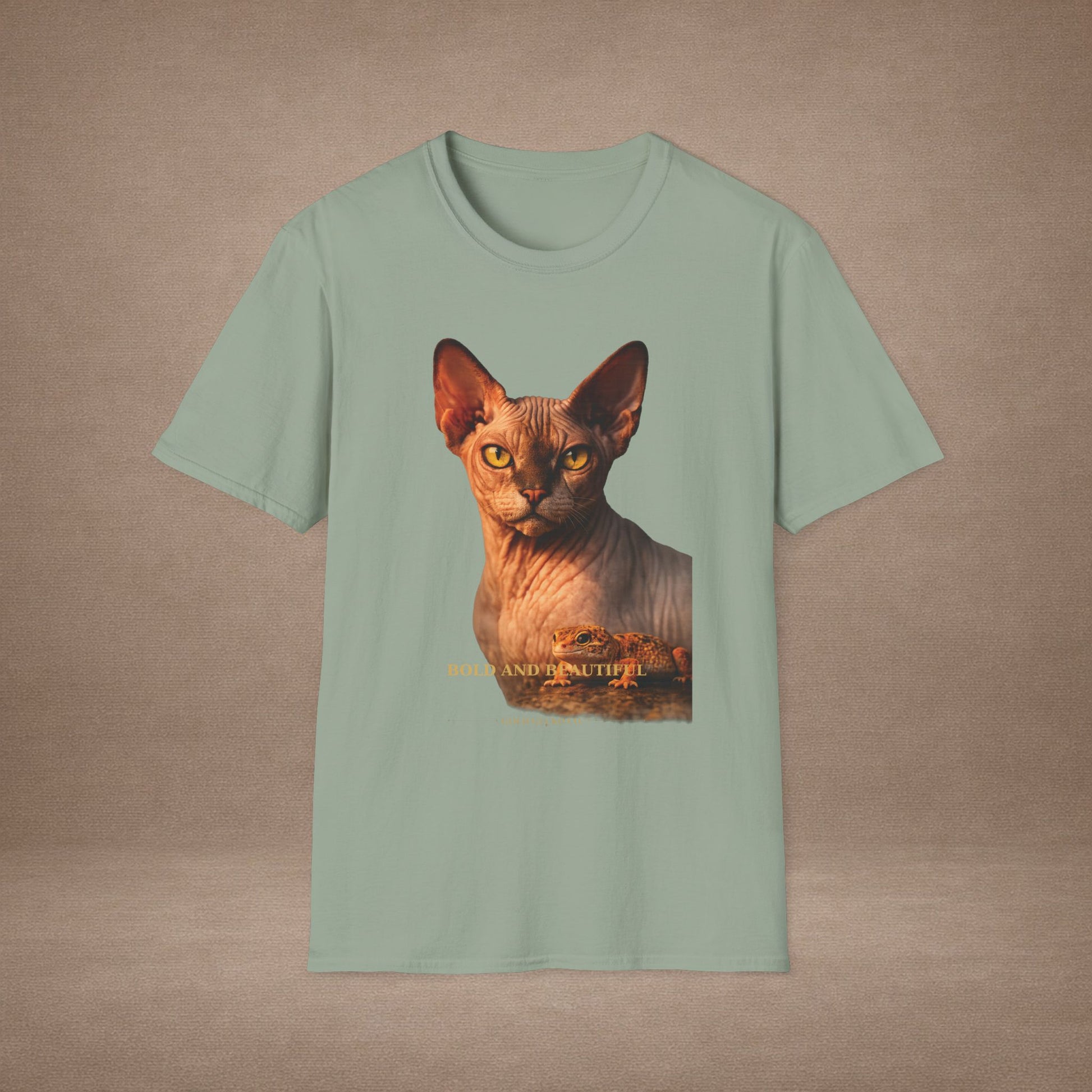 Sphynx — Bold And Beautiful — photoreal cat breed portraits paired with tiny gecko compani. Gold Gecko Co. Cats & Geckos collection.