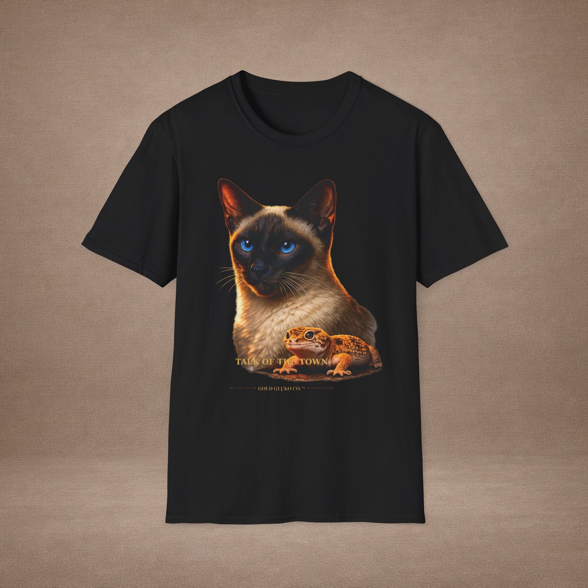Siamese — Talk Of The Town — photoreal cat breed portraits paired with tiny gecko compani. Gold Gecko Co. Cats & Geckos collection.