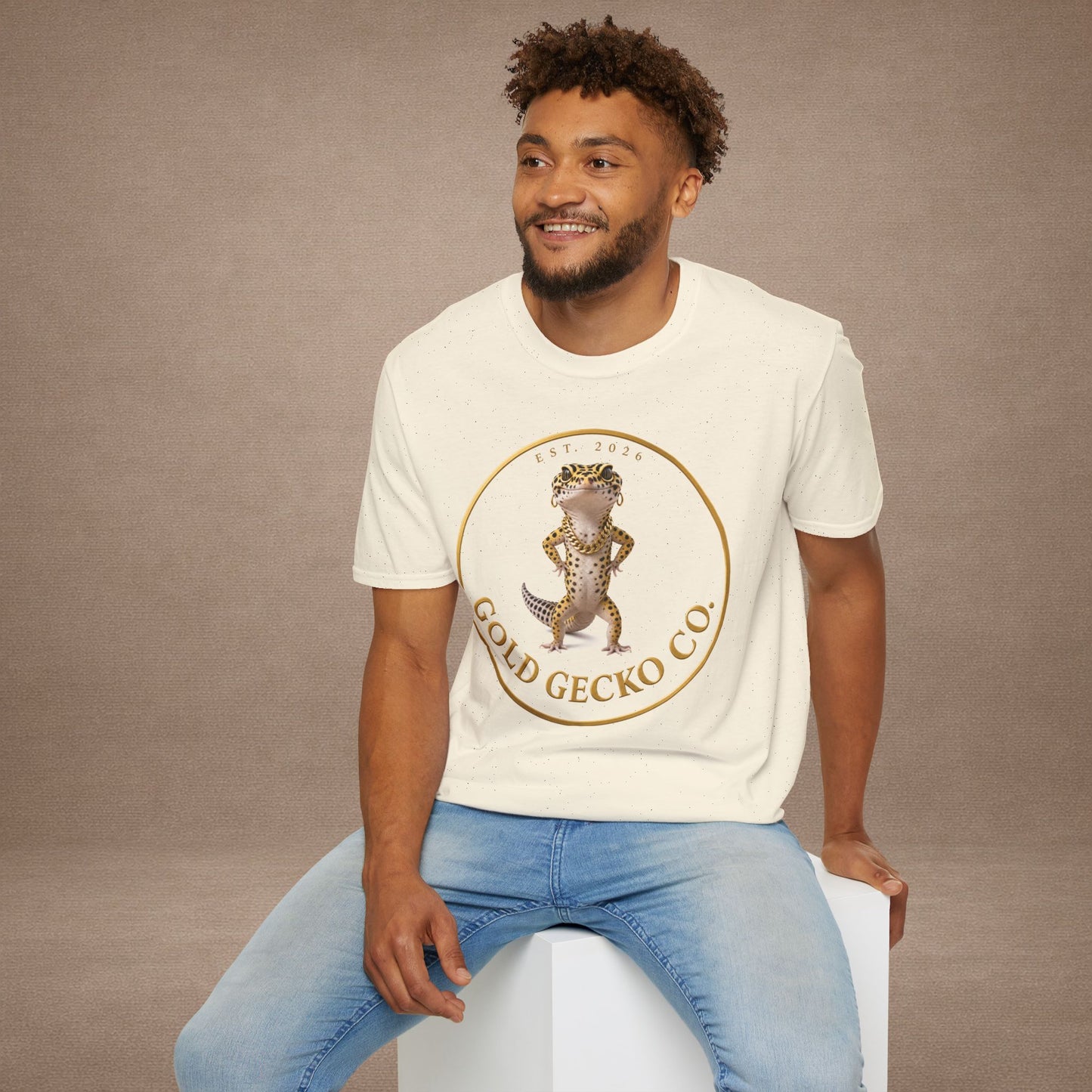 Design # 001  Gold Gecko Co. tm - Signature Logo Tee — Emblem Graphic T-Shirt (Front @ Back)