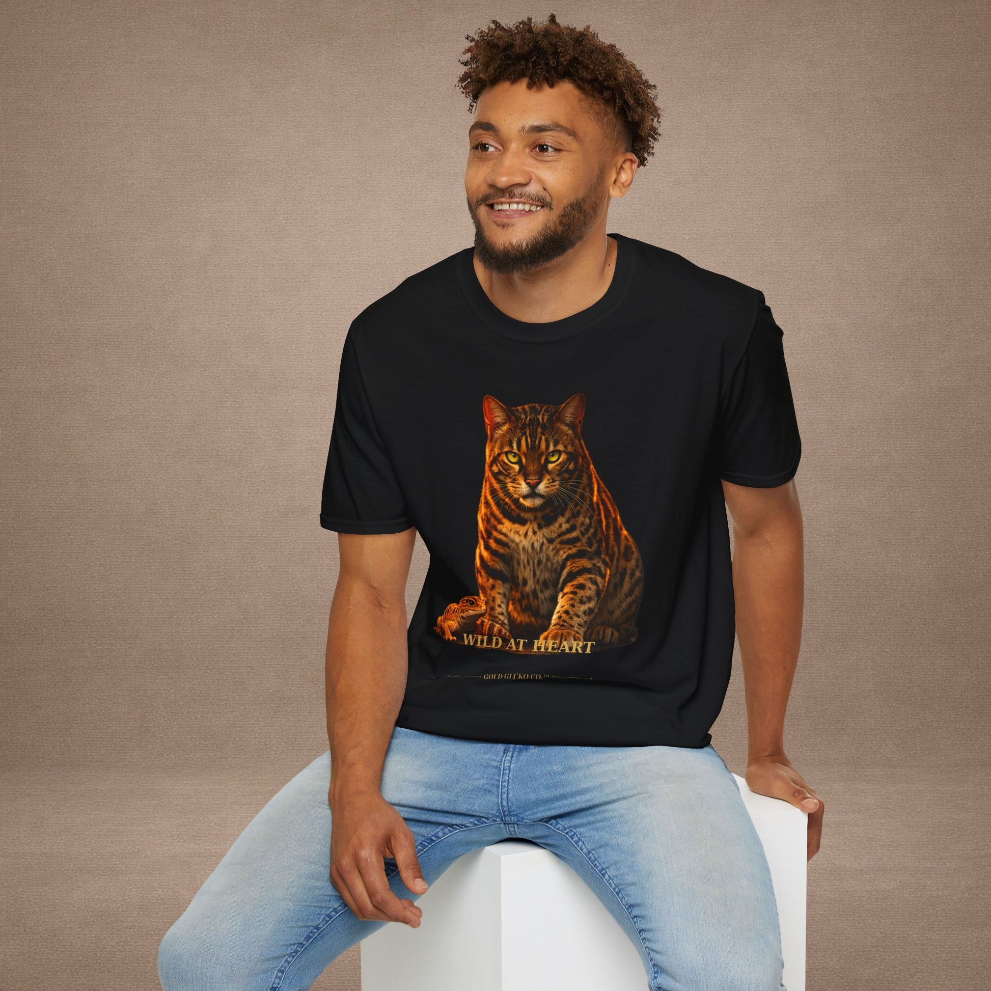 Bengal — Wild At Heart — photoreal cat breed portraits paired with tiny gecko compani. Gold Gecko Co. Cats & Geckos collection.