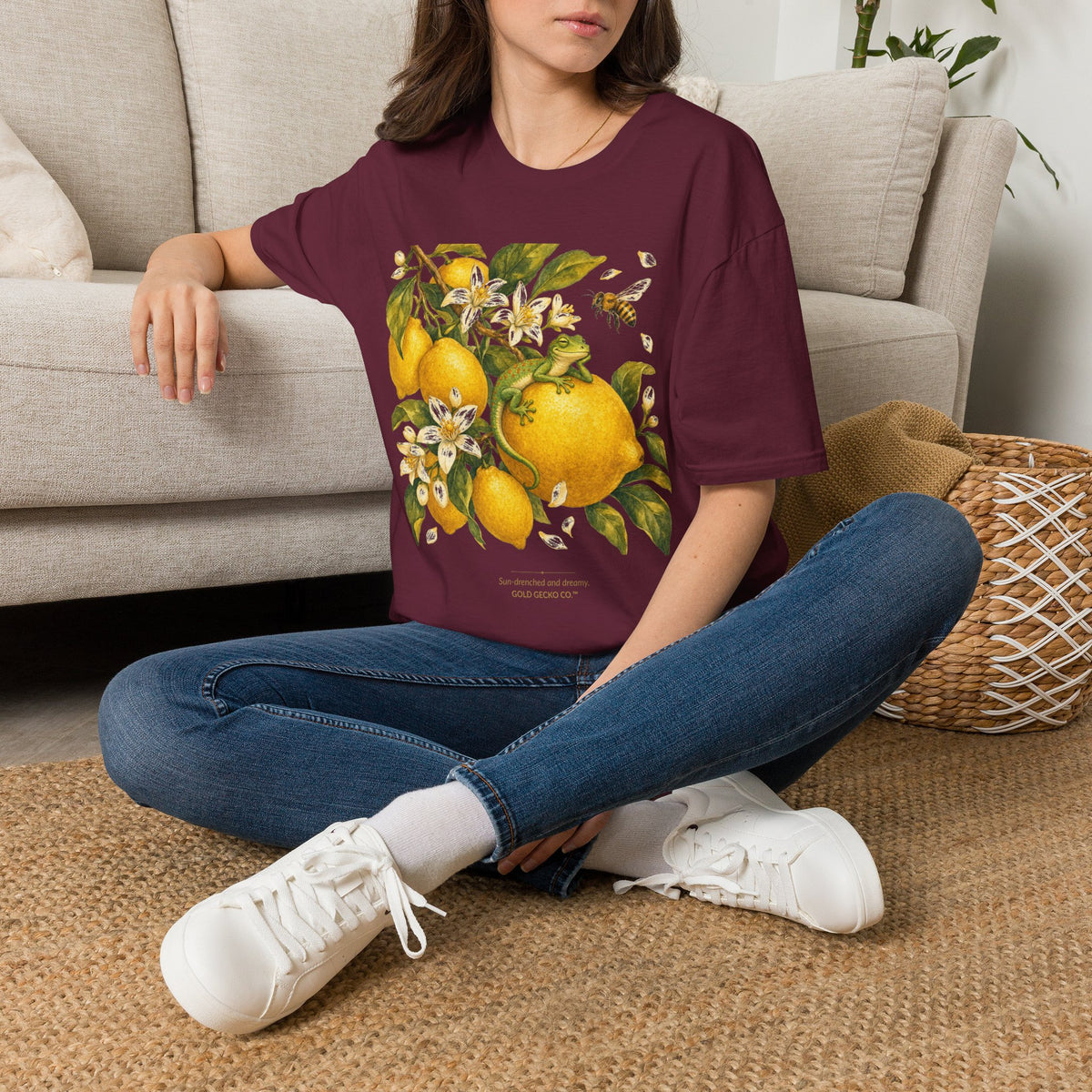Citrus Grove Gecko cottagecore watercolor T-shirt from Gold Gecko Co. — gecko in a sunlit Mediterranean citrus grove of lemons and oranges.