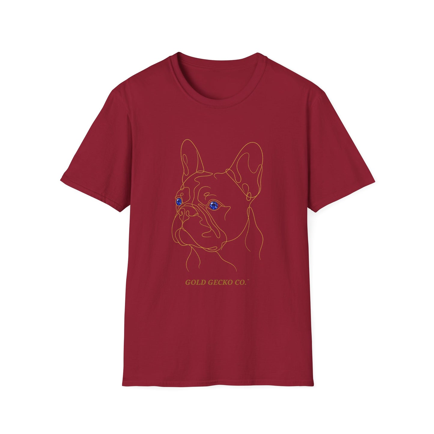 Sapphire French Bulldog single-line art with sapphire blue gem eye — Gold Gecko Co. Line & Gold collection (Dark)