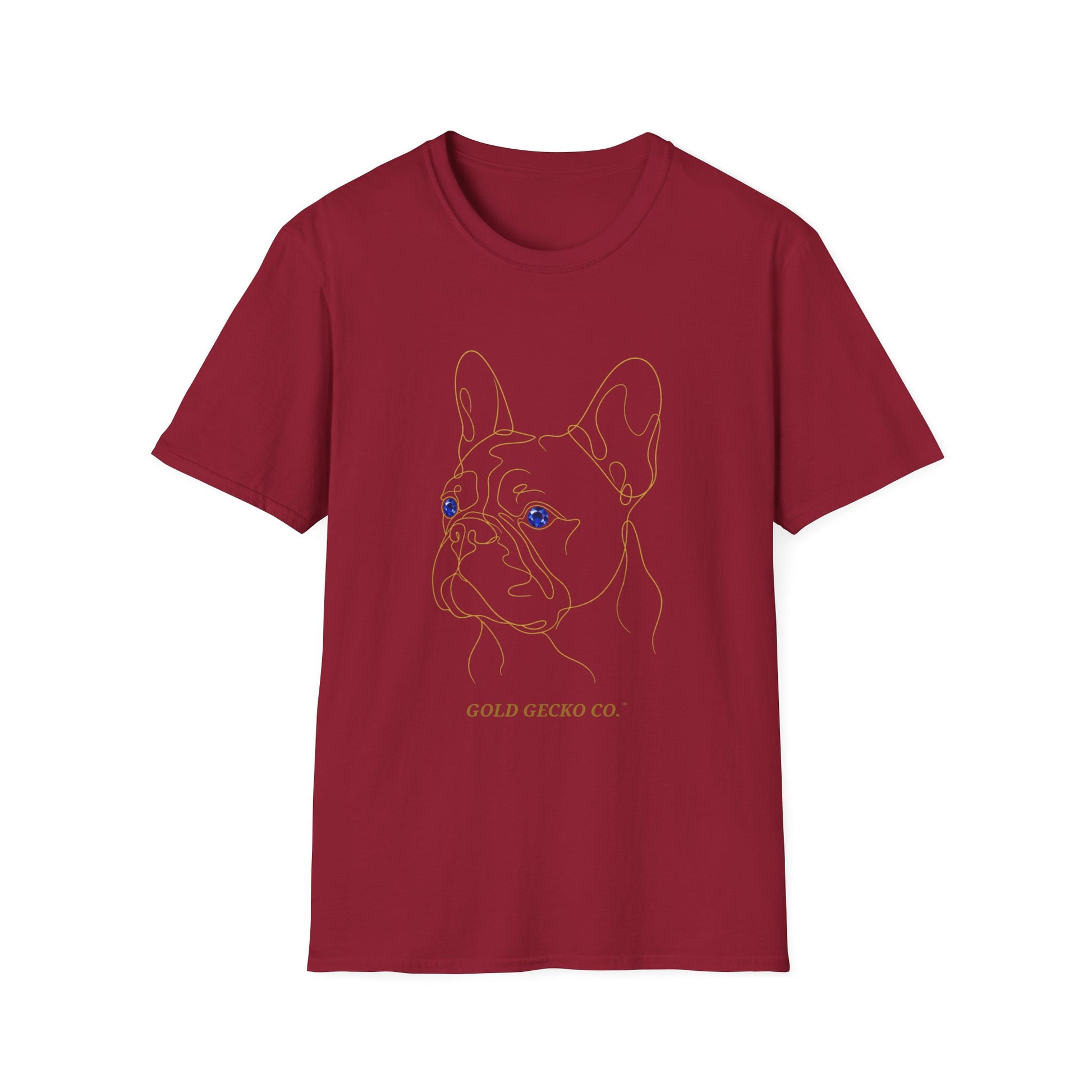 Sapphire French Bulldog single-line art with sapphire blue gem eye — Gold Gecko Co. Line & Gold collection (Dark)