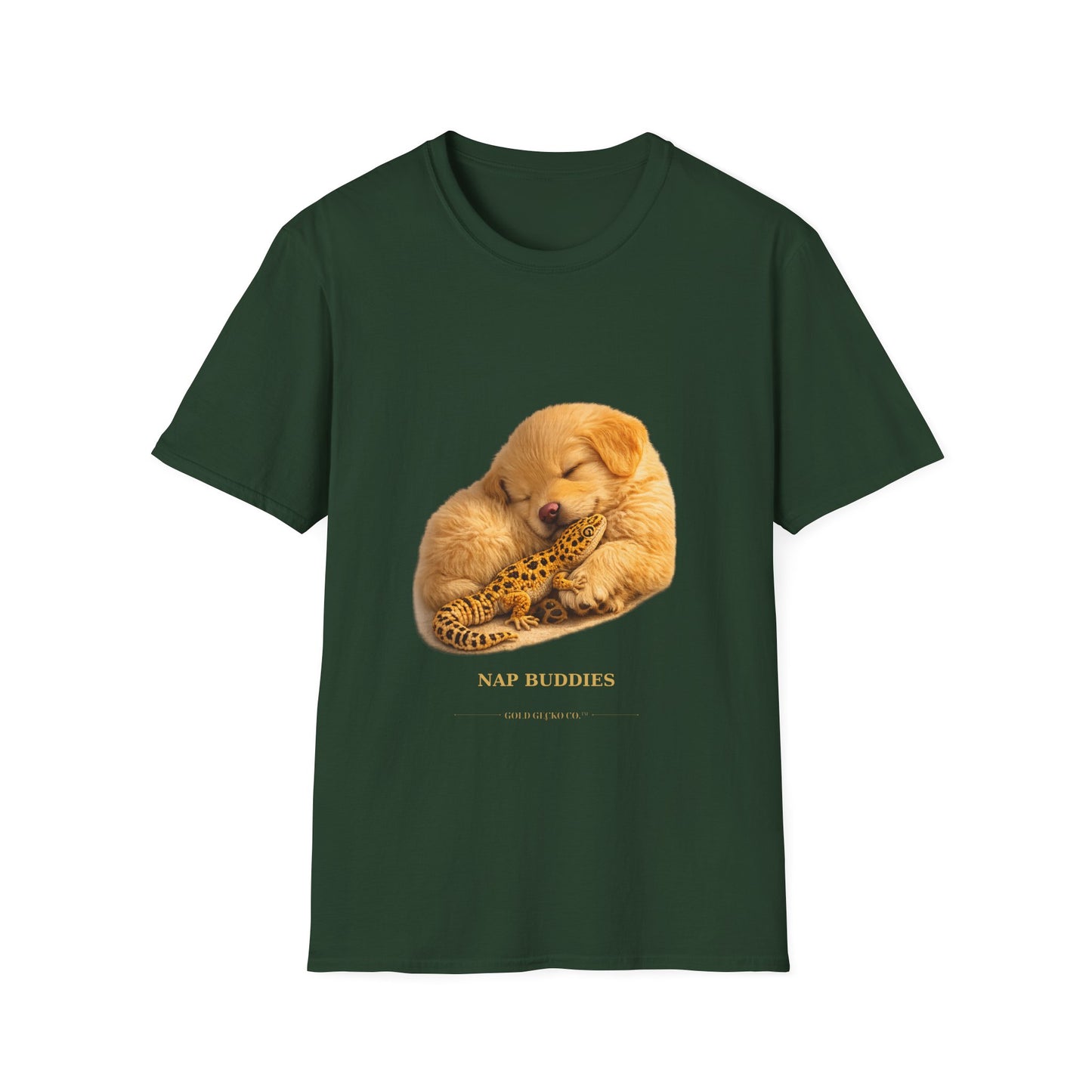 Golden Retriever — Nap Buddies — cinematic photoreal portraits of beloved dog breeds paired w. Gold Gecko Co. Puppies & Geckos collection.