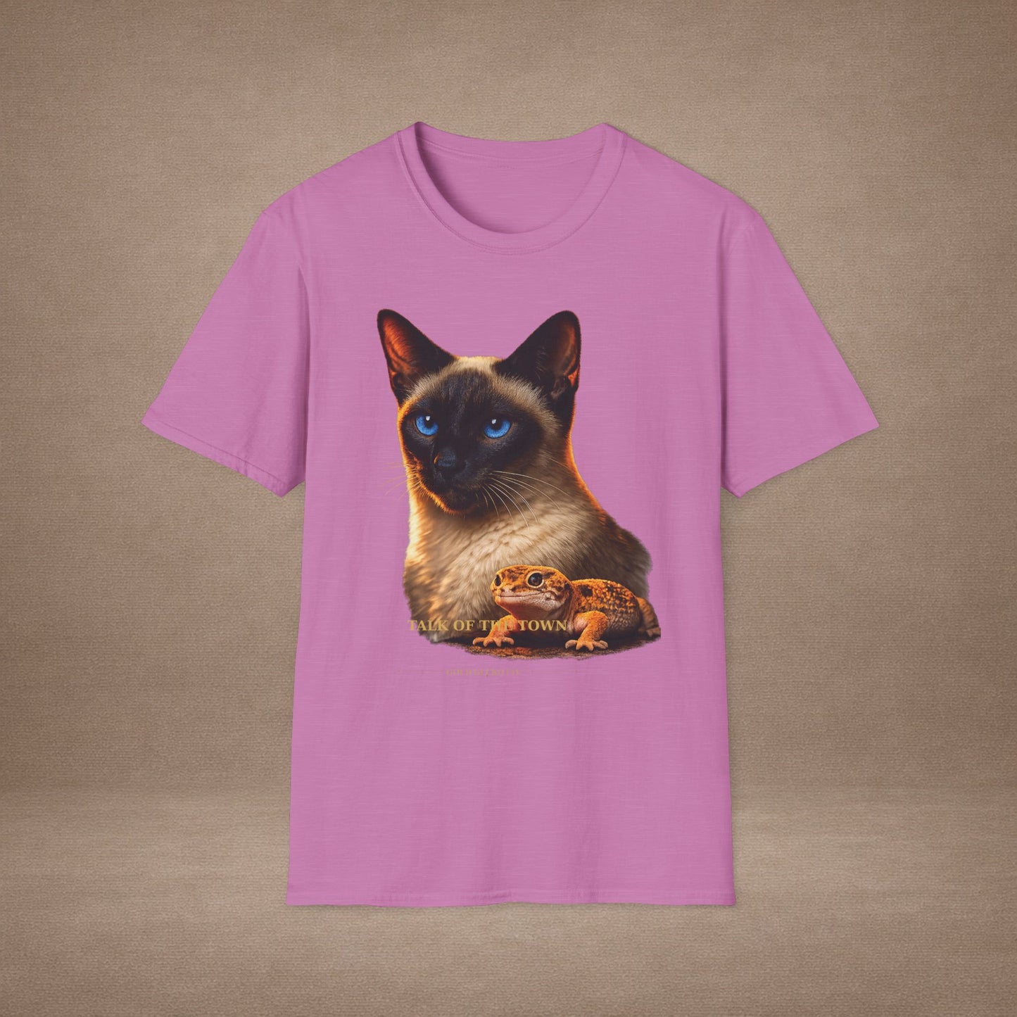 Siamese — Talk Of The Town — photoreal cat breed portraits paired with tiny gecko compani. Gold Gecko Co. Cats & Geckos collection.