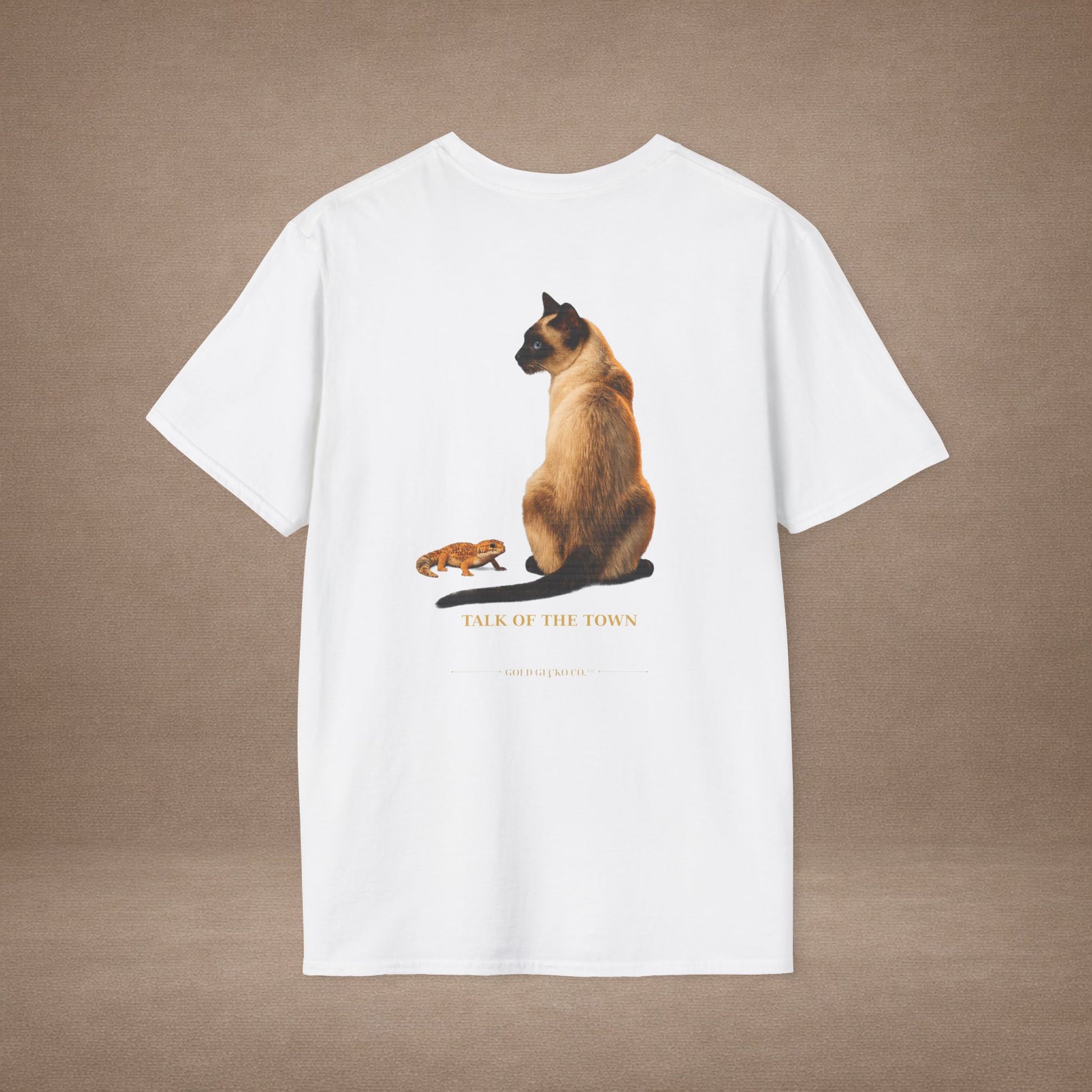Siamese — Talk Of The Town — photoreal cat breed portraits paired with tiny gecko compani. Gold Gecko Co. Cats & Geckos collection.