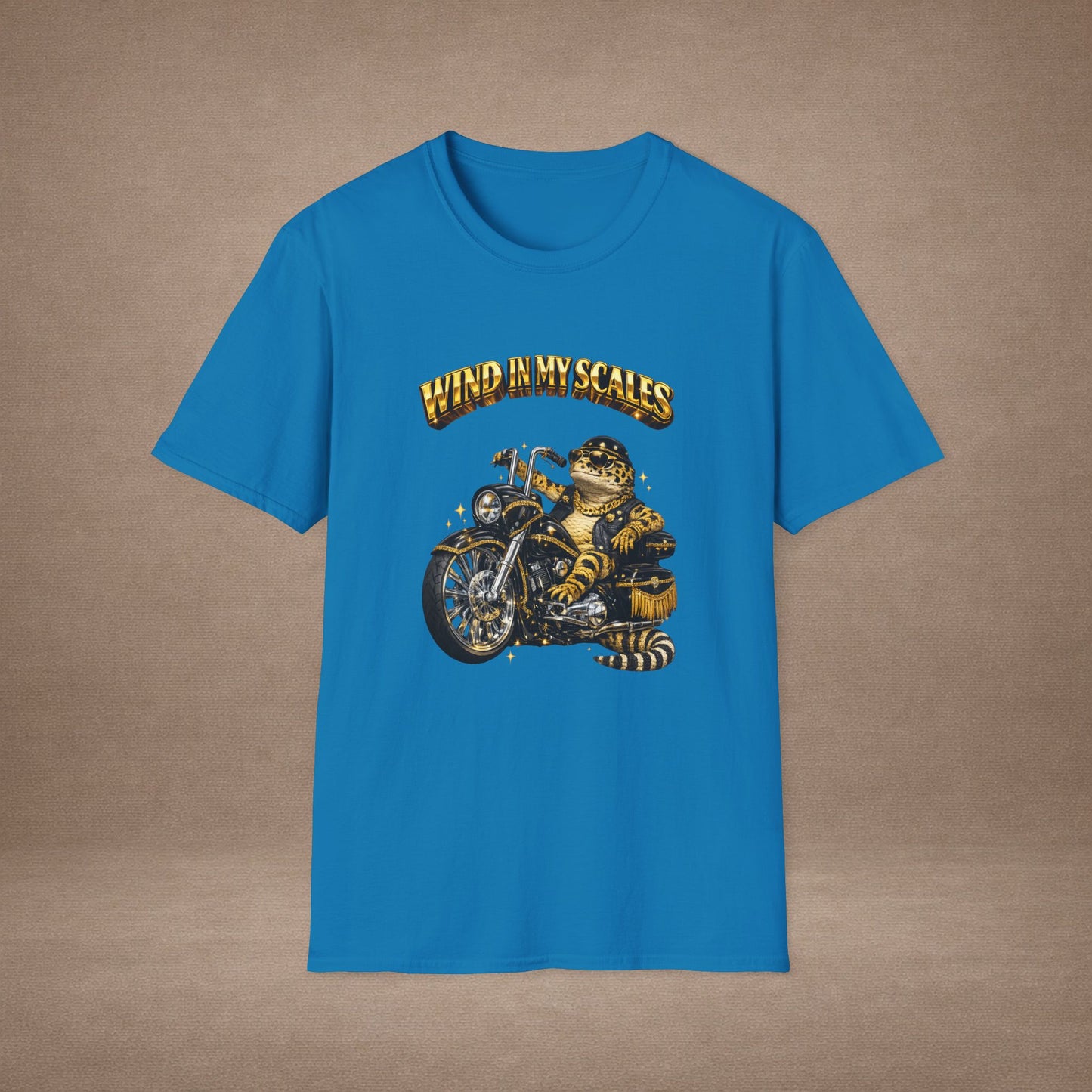 DESIGN #38 Wind in My Scales — Bagger Gecko Tee (Front & Back) Golden Letters