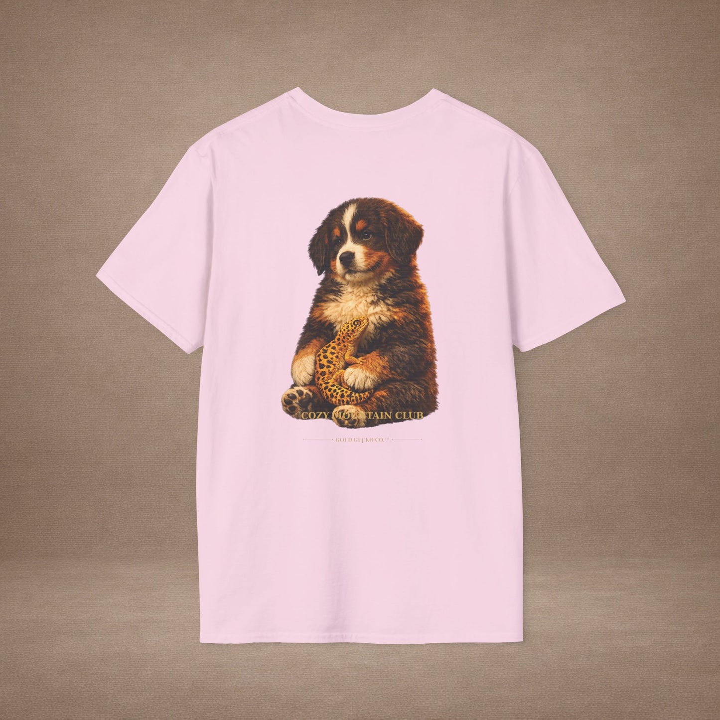 Bernese Mountain Dog — Cozy Mountain Club — cinematic photoreal portraits of beloved dog breeds paired w. Gold Gecko Co. Puppies & Geckos collection.