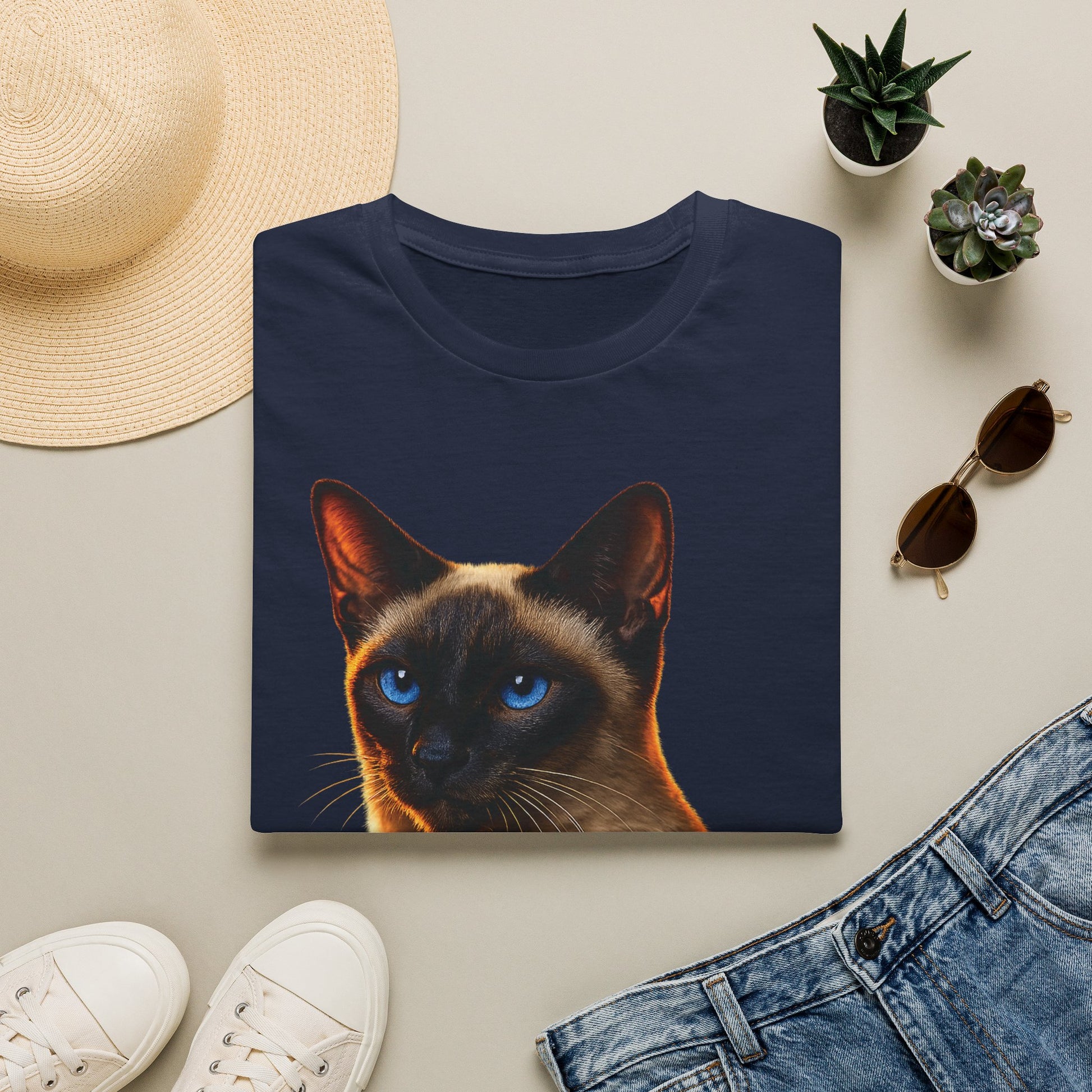 Siamese — Talk Of The Town — photoreal cat breed portraits paired with tiny gecko compani. Gold Gecko Co. Cats & Geckos collection.